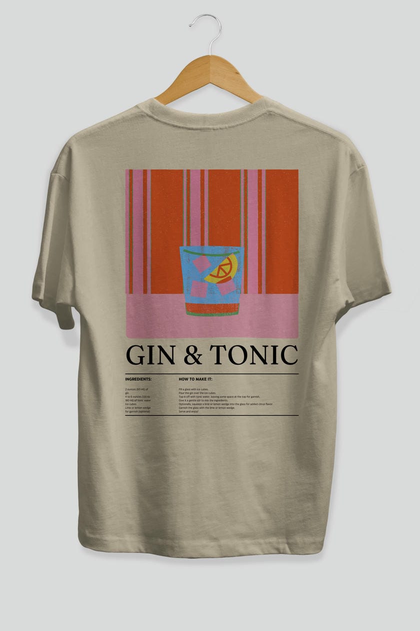Gin Tonic Kokteyl Serisi Arka Baskılı Oversize t-shirt Erkek Kadın %100 Pamuk Bisiklet Yaka tişort