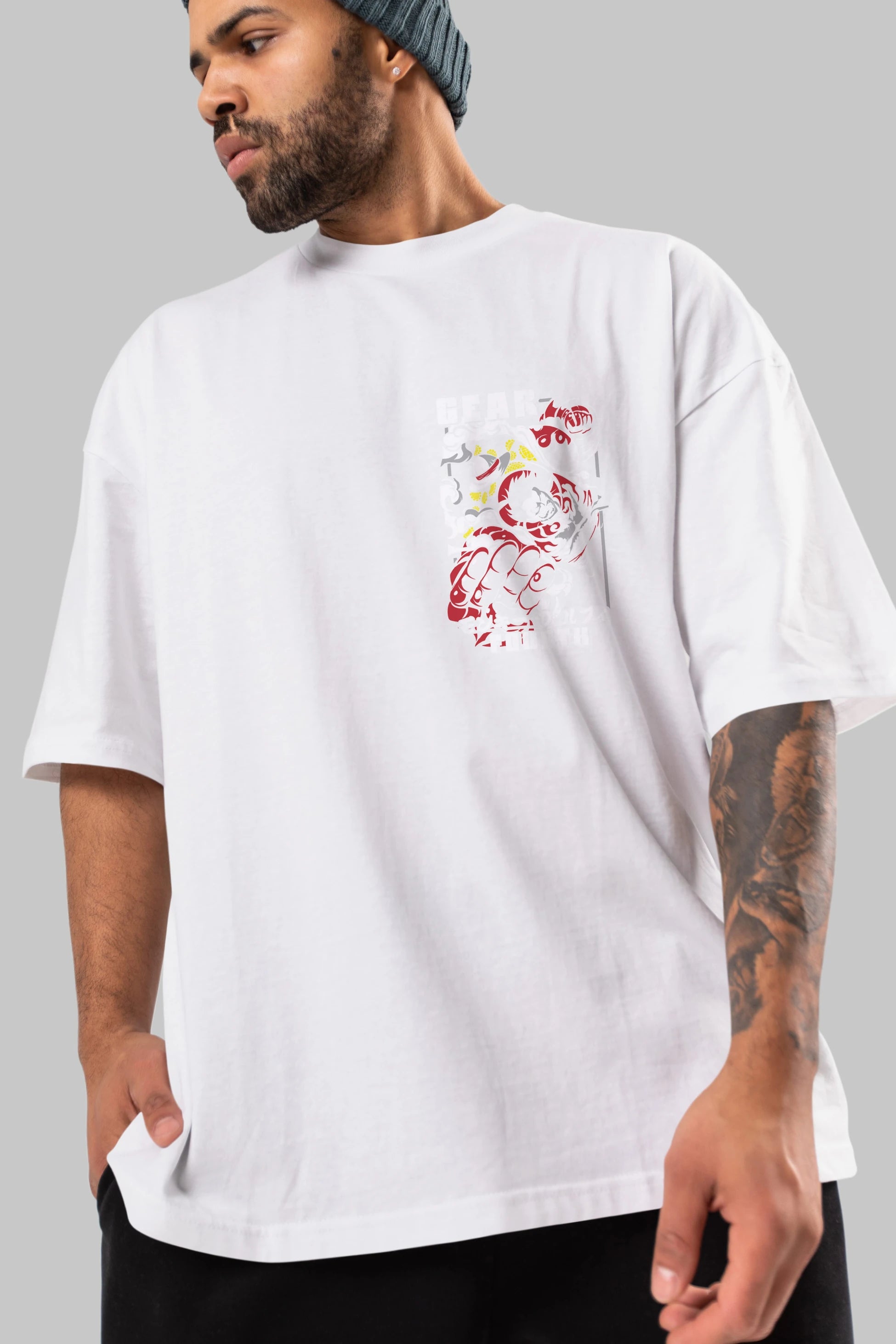 LUFFY gear fourth Ön Sol Baskılı Oversize t-shirt Erkek Kadın Unisex %100 Pamuk Bisiklet Yaka tişort