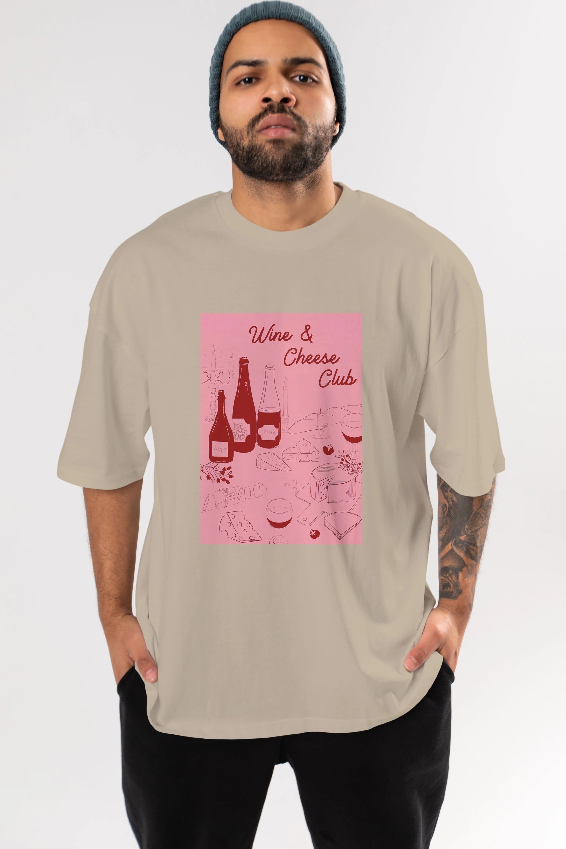 Wine Cheese Club Ön Baskılı Oversize t-shirt Erkek Kadın Unisex %100 Pamuk Bisiklet Yaka tişort