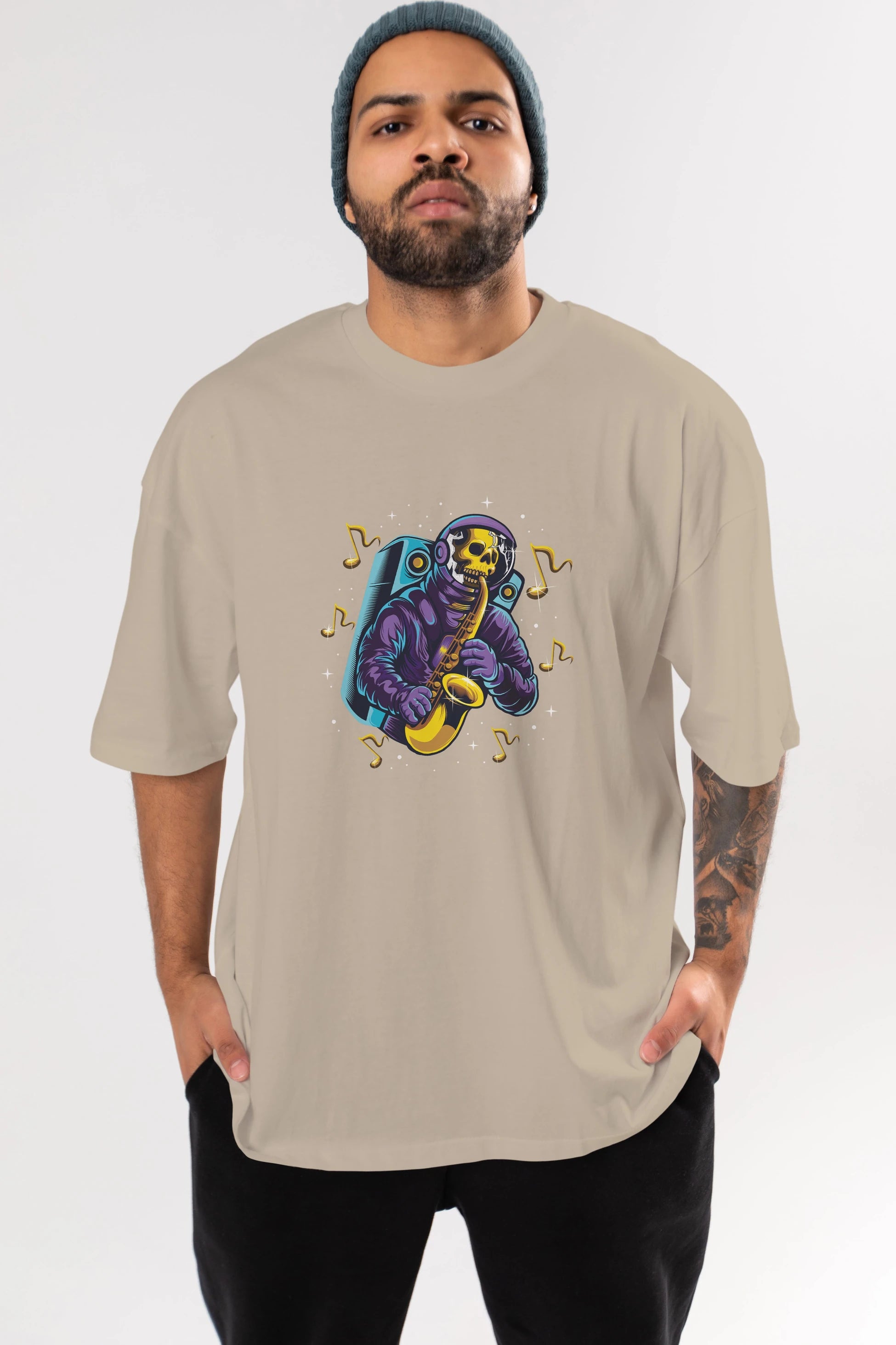 Astroskull Saxophonist Ön Baskılı Oversize t-shirt Erkek Kadın Unisex