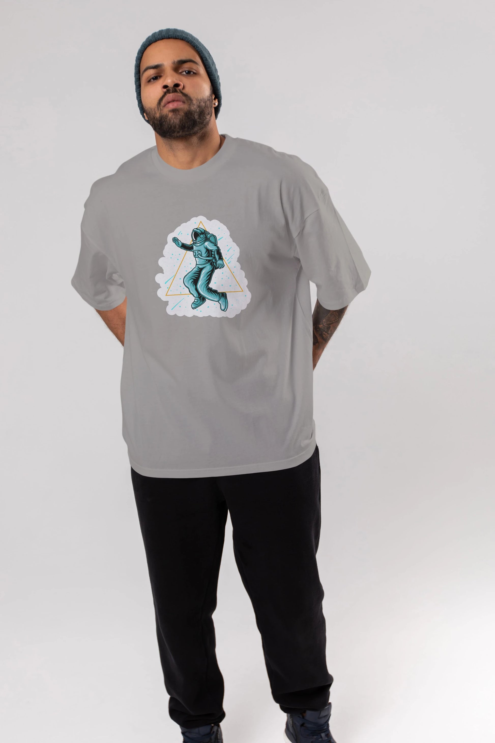 Astronaut Starry Triangle Sticker Ön Baskılı Oversize t-shirt Erkek Kadın Unisex