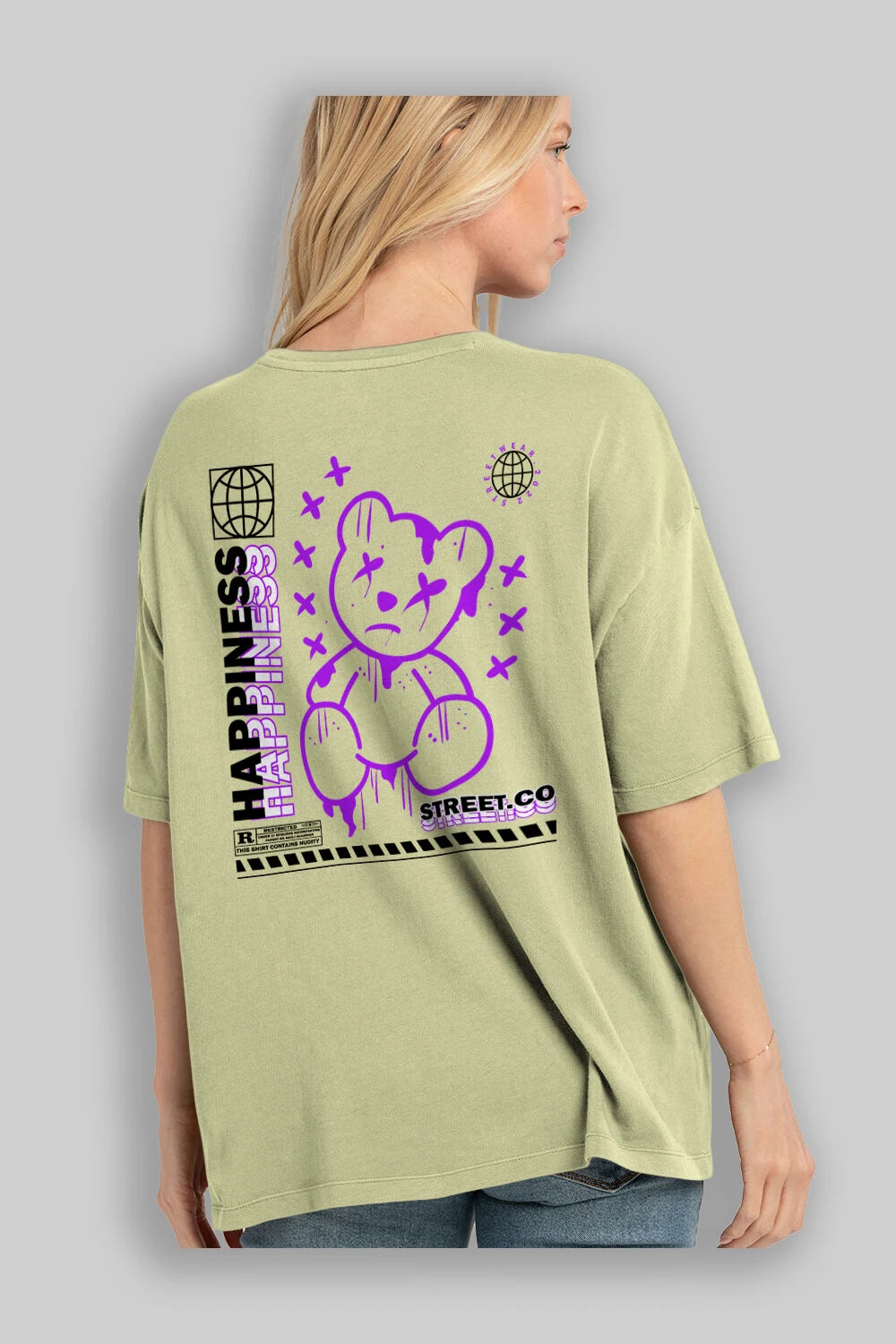 Happiness Bear 3 Arka Baskılı Oversize t-shirt Erkek Kadın Unisex