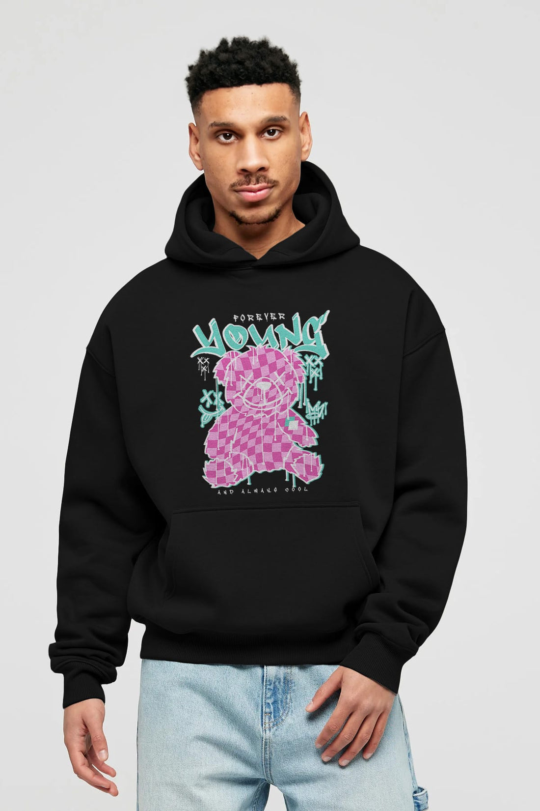 Young and Always Cool Bear Ön Baskılı Hoodie Oversize Kapüşonlu Sweatshirt Erkek Kadın Unisex