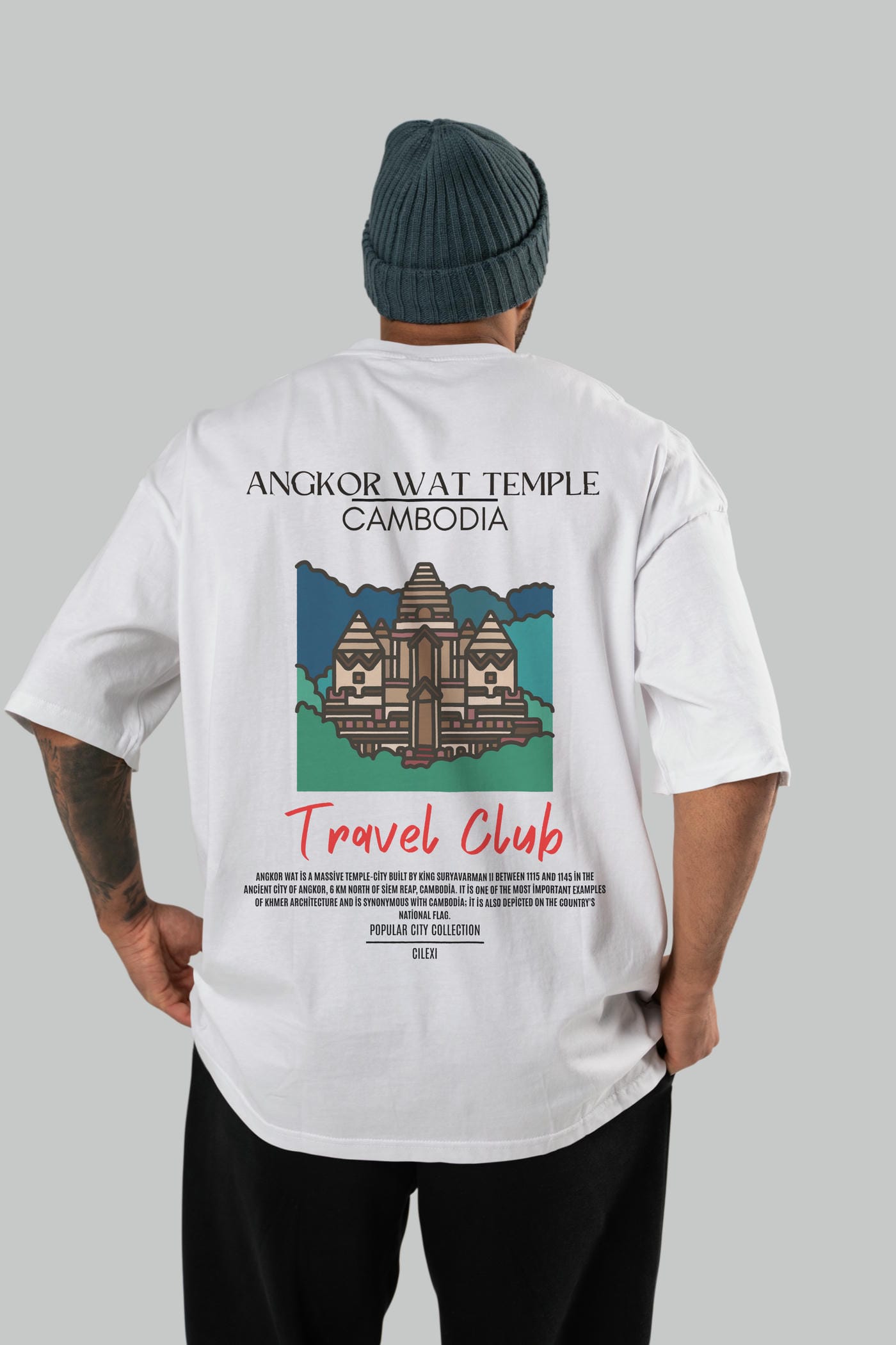 Angkor Wat Temple Cambodia Arka Baskılı Oversize t-shirt Erkek Kadın Pamuk Bisiklet Yaka tişort