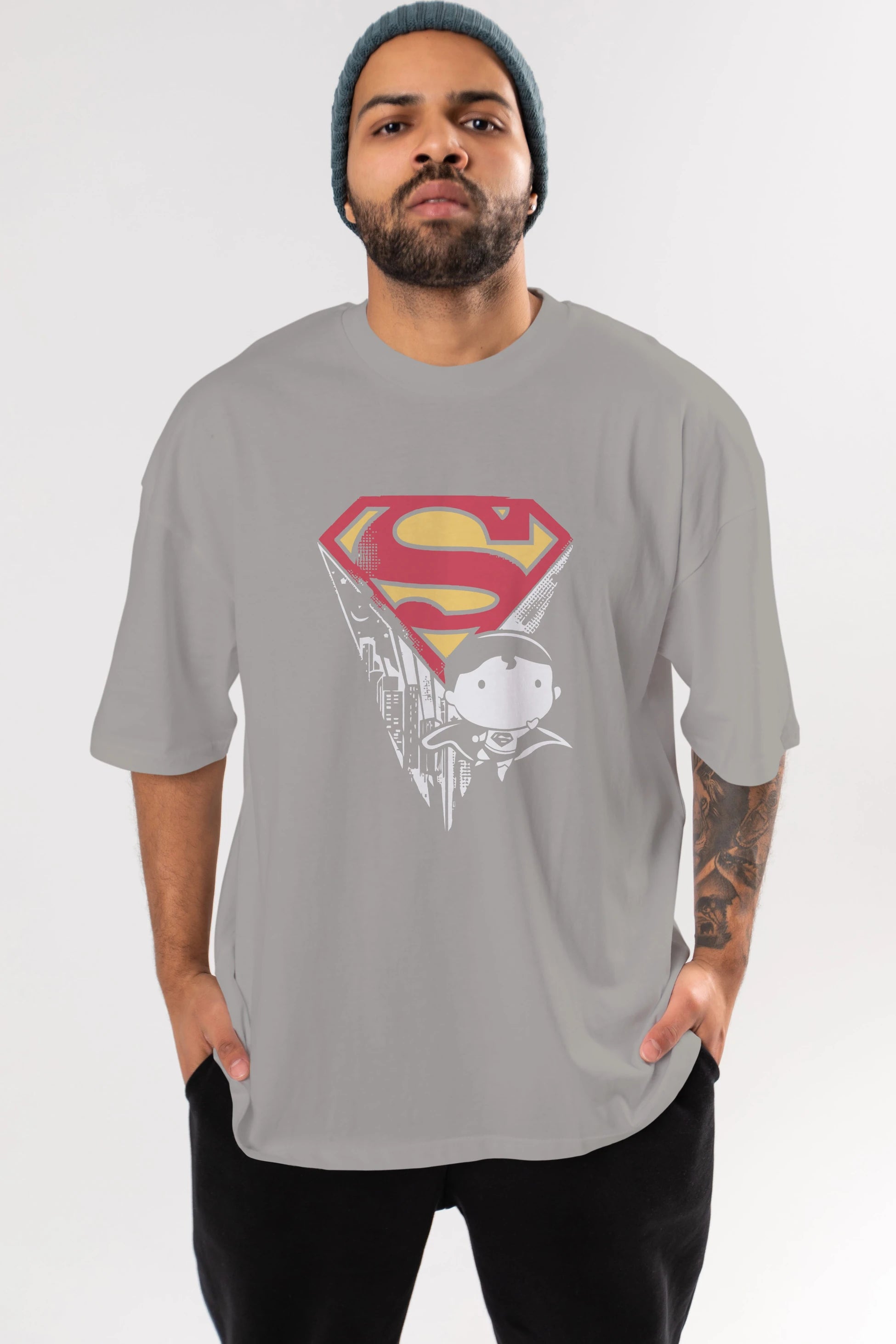 Superman Ön Baskılı Oversize t-shirt Erkek Kadın Unisex %100 Pamuk Bisiklet Yaka tişort