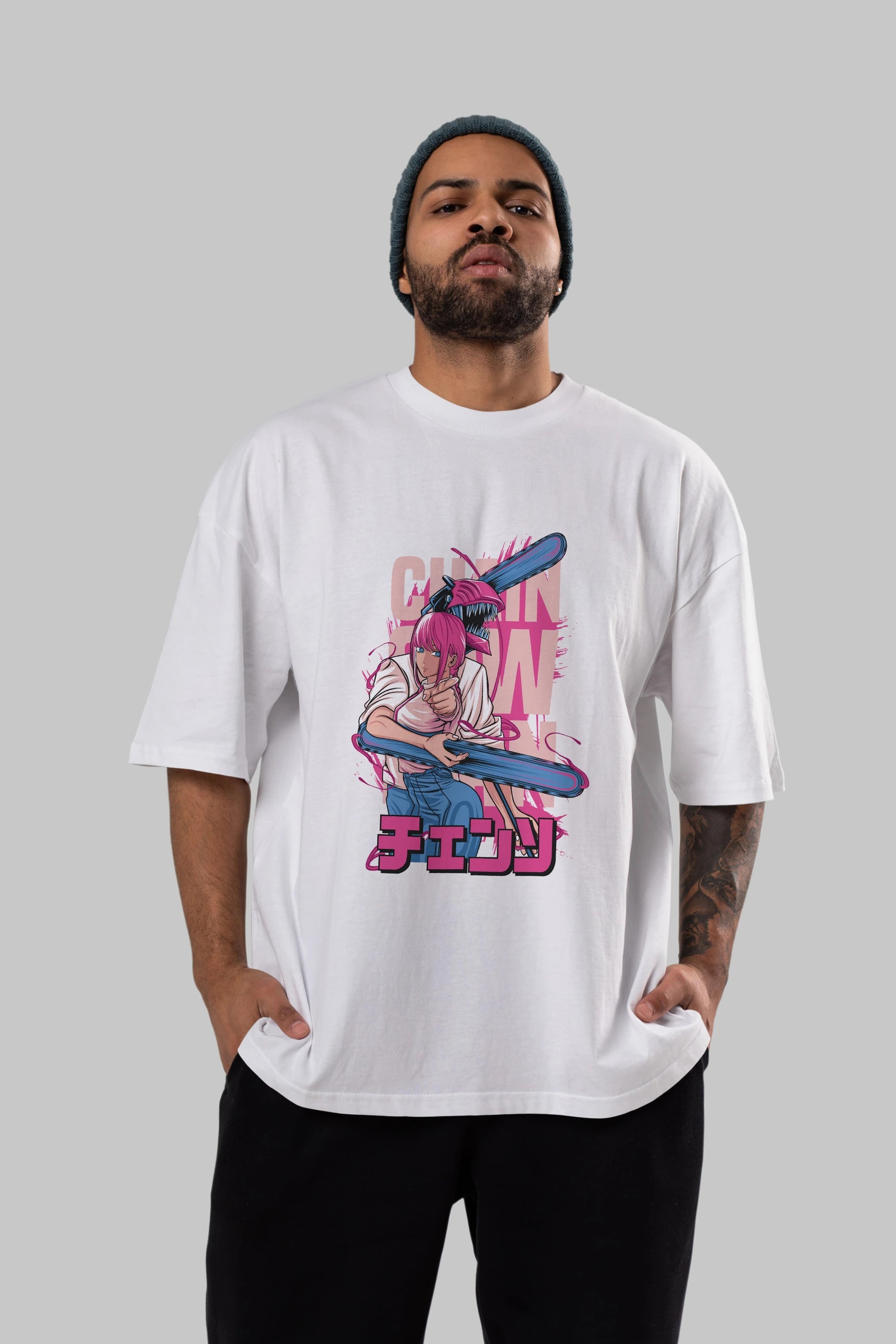 DENJI and MAKIMA Anime Ön Baskılı Oversize t-shirt %100 pamuk Erkek Kadın Unisex
