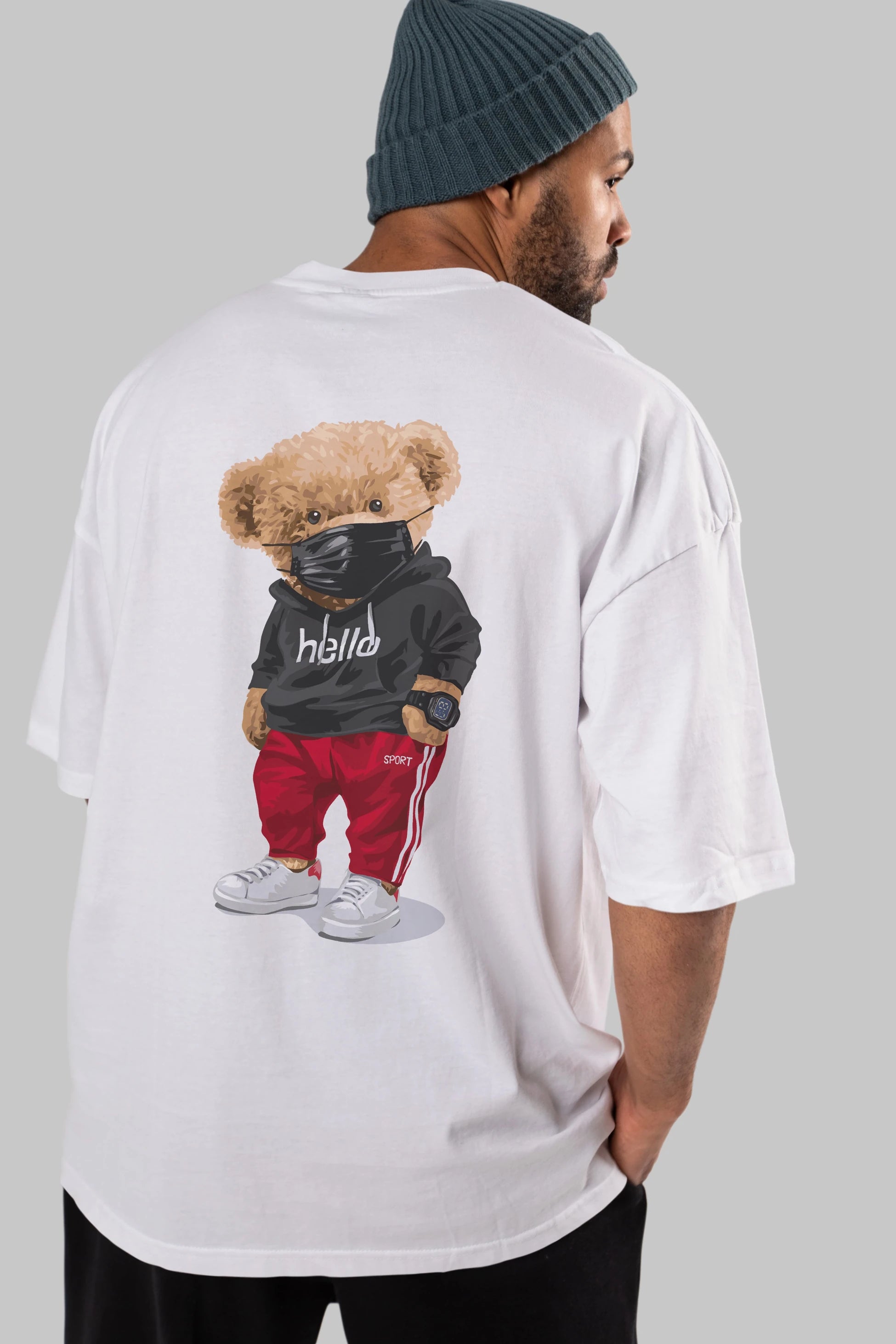 Teddy Bear Hello Sport Arka Baskılı Oversize t-shirt Erkek Kadın Unisex %100 Pamuk