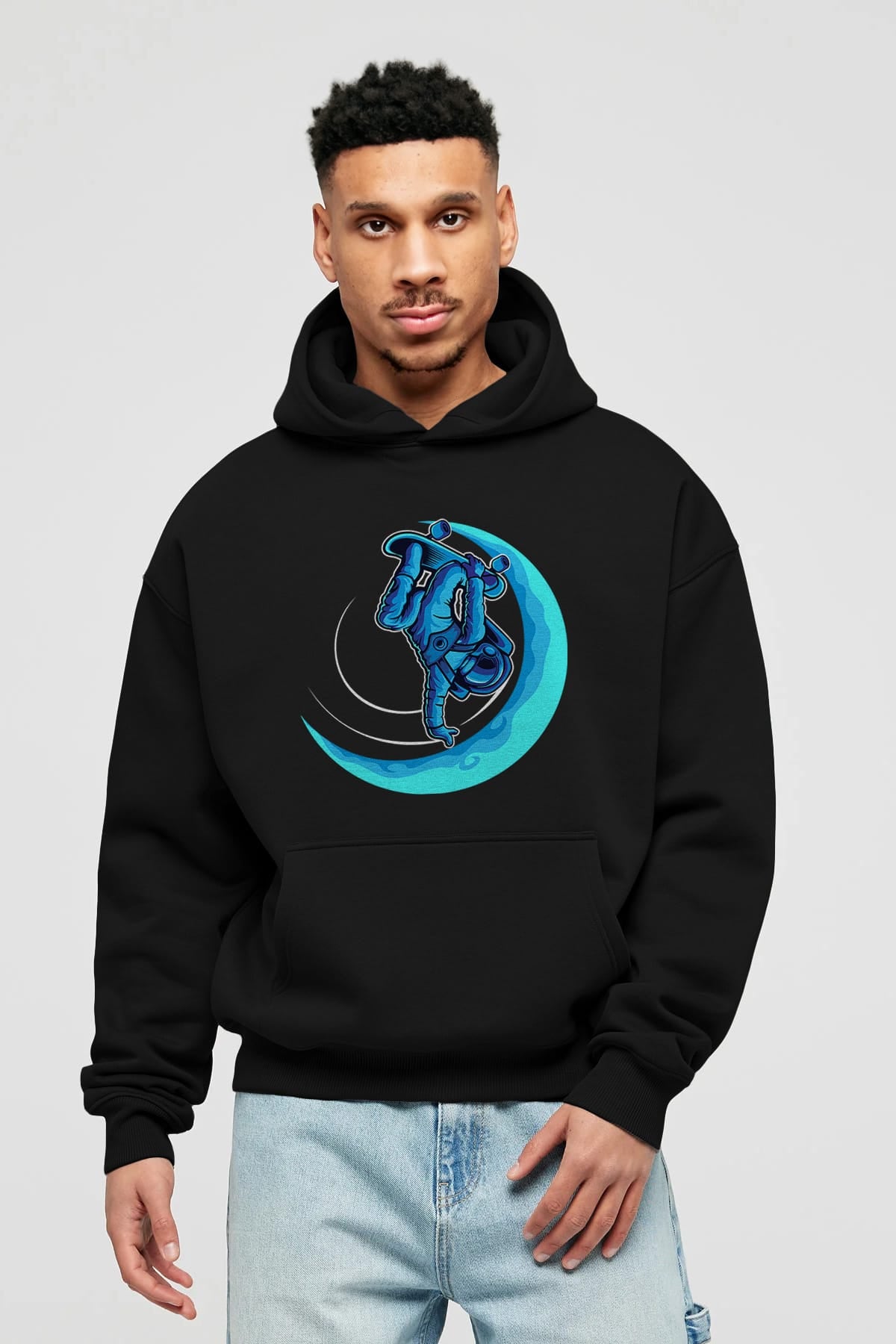 Skating on the moon Ön Baskılı Hoodie Oversize Kapüşonlu Sweatshirt Erkek Kadın Unisex