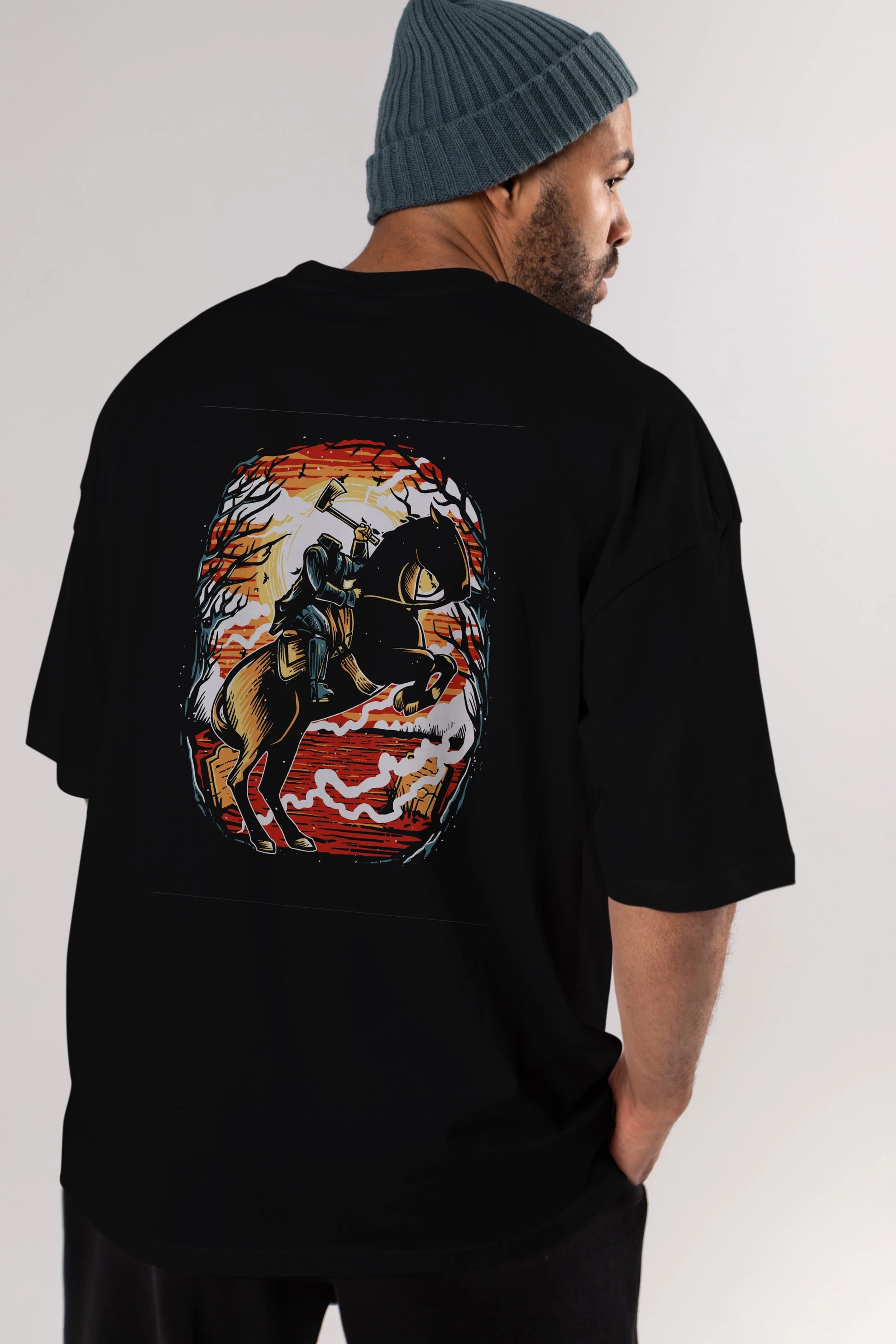 Headless Horseman Arka Baskılı Oversize t-shirt Erkek Kadın Unisex %100 Pamuk