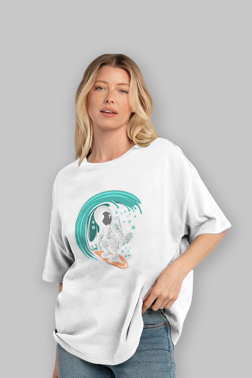 Astronaut Surfing Ön Baskılı Oversize t-shirt Erkek Kadın Unisex