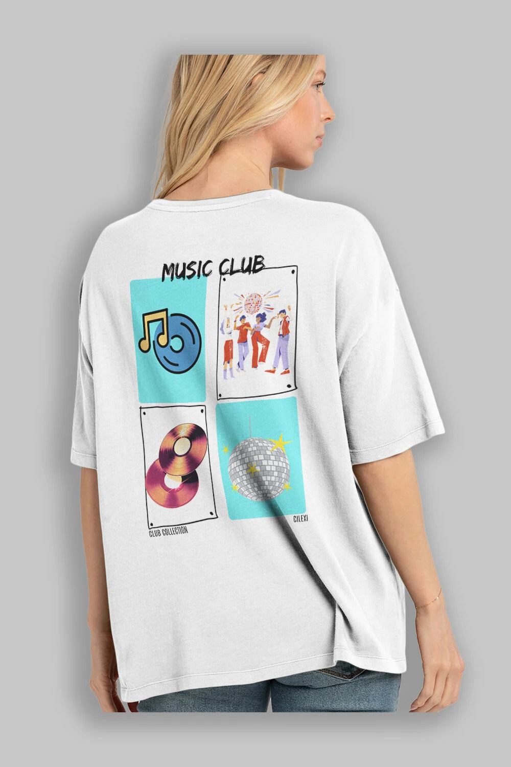 Music Club Arka Baskılı Oversize t-shirt Erkek Kadın %100 Pamuk Bisiklet Yaka tişort