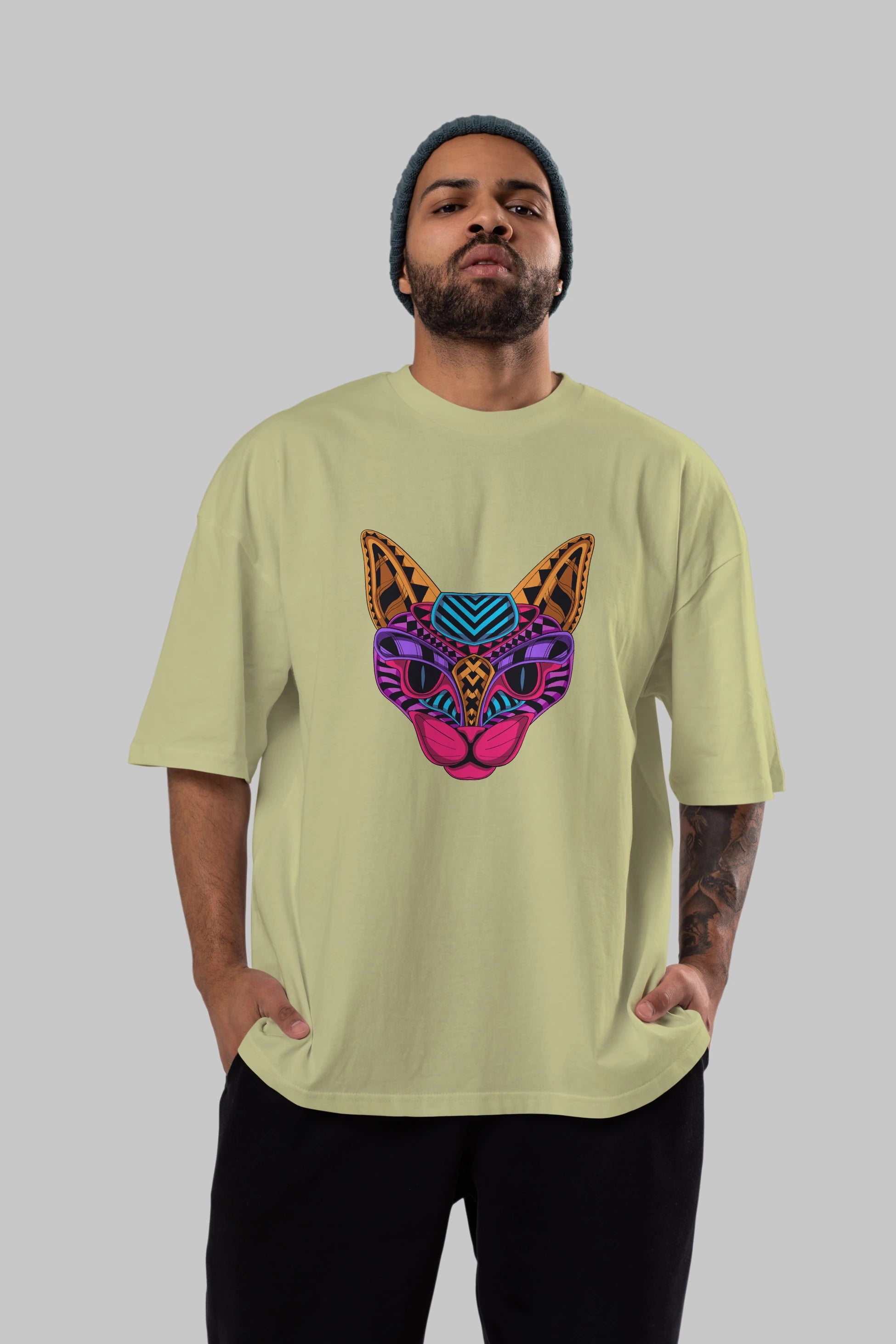 Black Neon Cat Ön Baskılı Oversize t-shirt Erkek Kadın Unisex