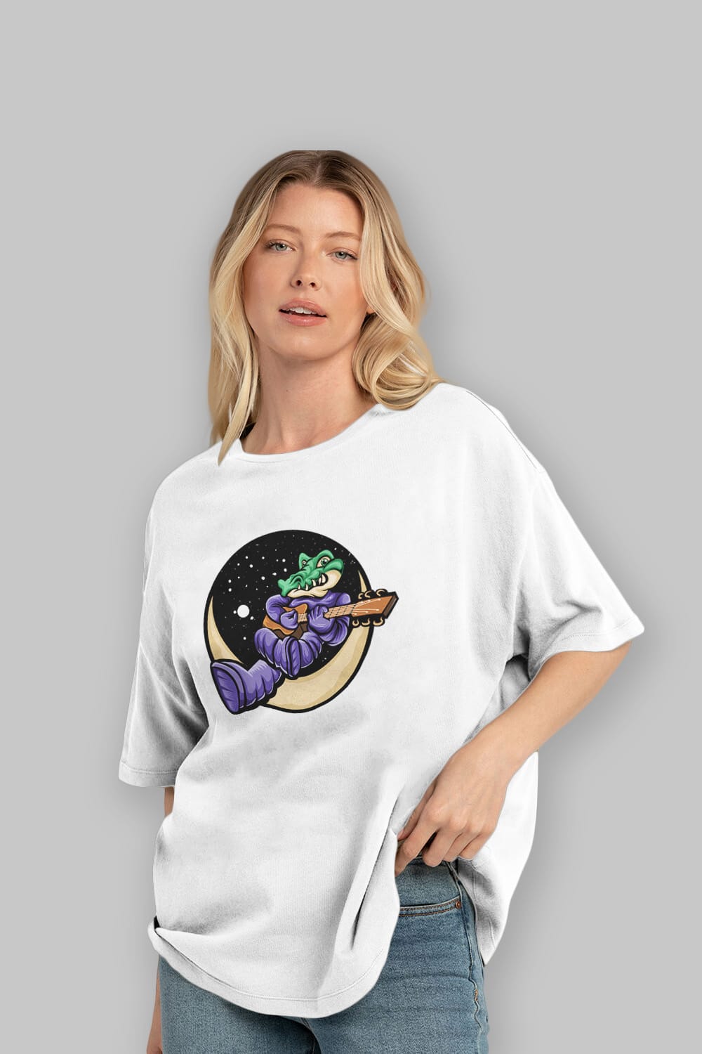 Space Crocodile Ön Baskılı Oversize t-shirt Erkek Kadın Unisex