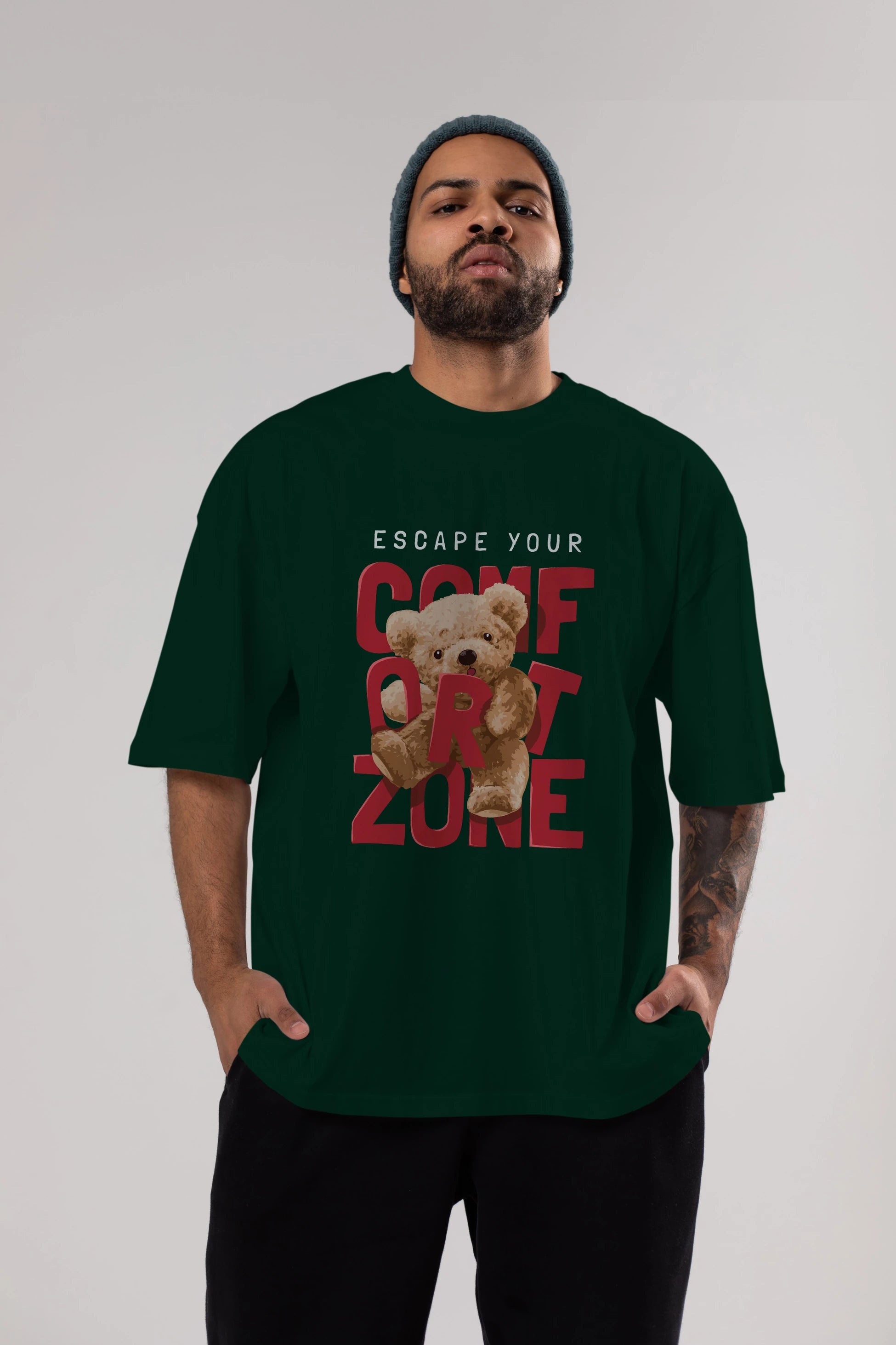 Teddy Bear Escape Comfort Zone Ön Baskılı Oversize t-shirt Erkek Kadın Unisex %100 Pamuk