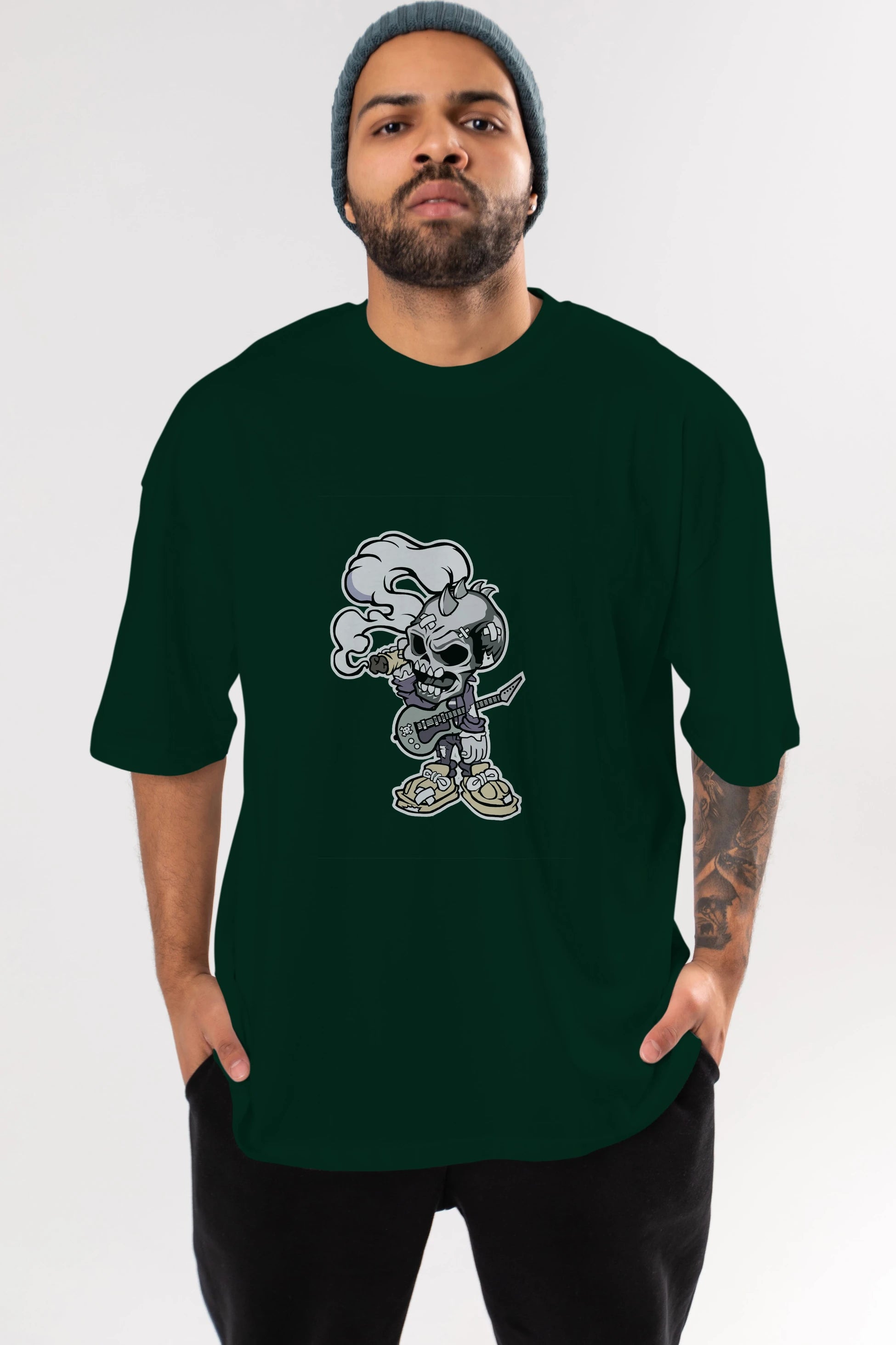 Skull Smoker Punk Rocker Ön Baskılı Oversize t-shirt Erkek Kadın Unisex %100 Pamuk tişort