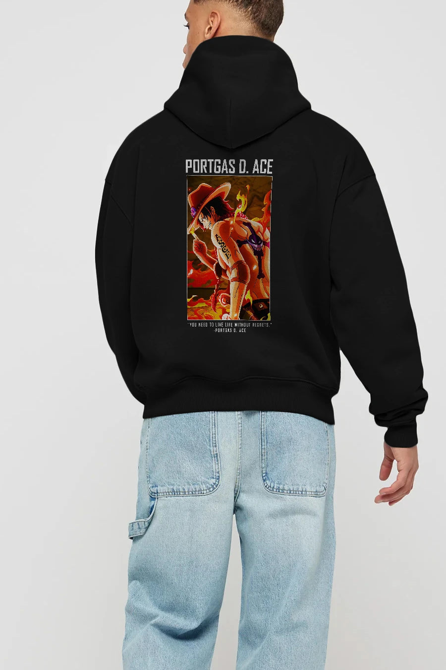 Portgas D. Ace Anime Arka Baskılı Hoodie Oversize Kapüşonlu Sweatshirt Erkek Kadın Unisex