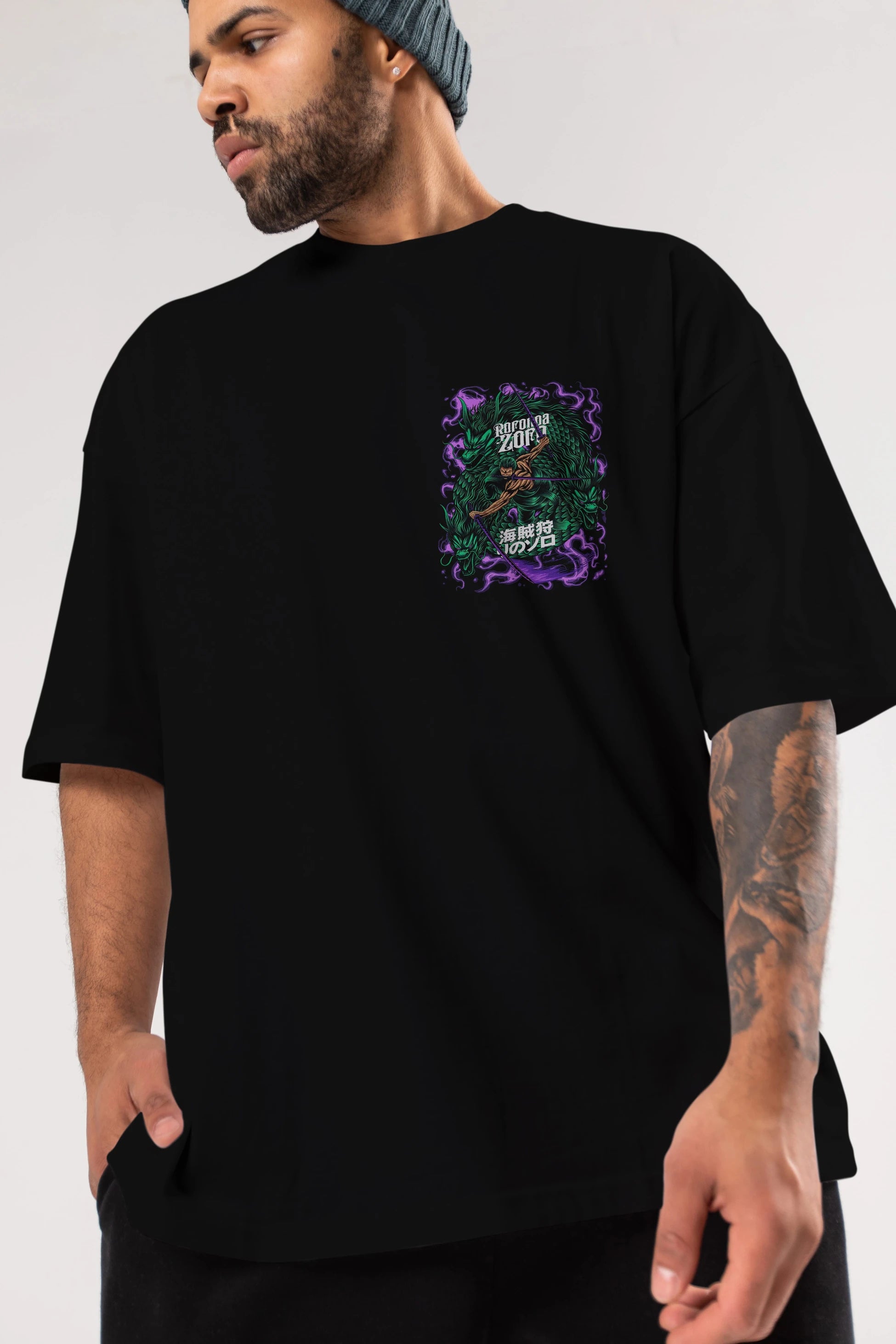 RORONOA ZORO 5 Ön Sol Baskılı Oversize t-shirt Erkek Kadın Unisex %100 Pamuk Bisiklet Yaka tişort