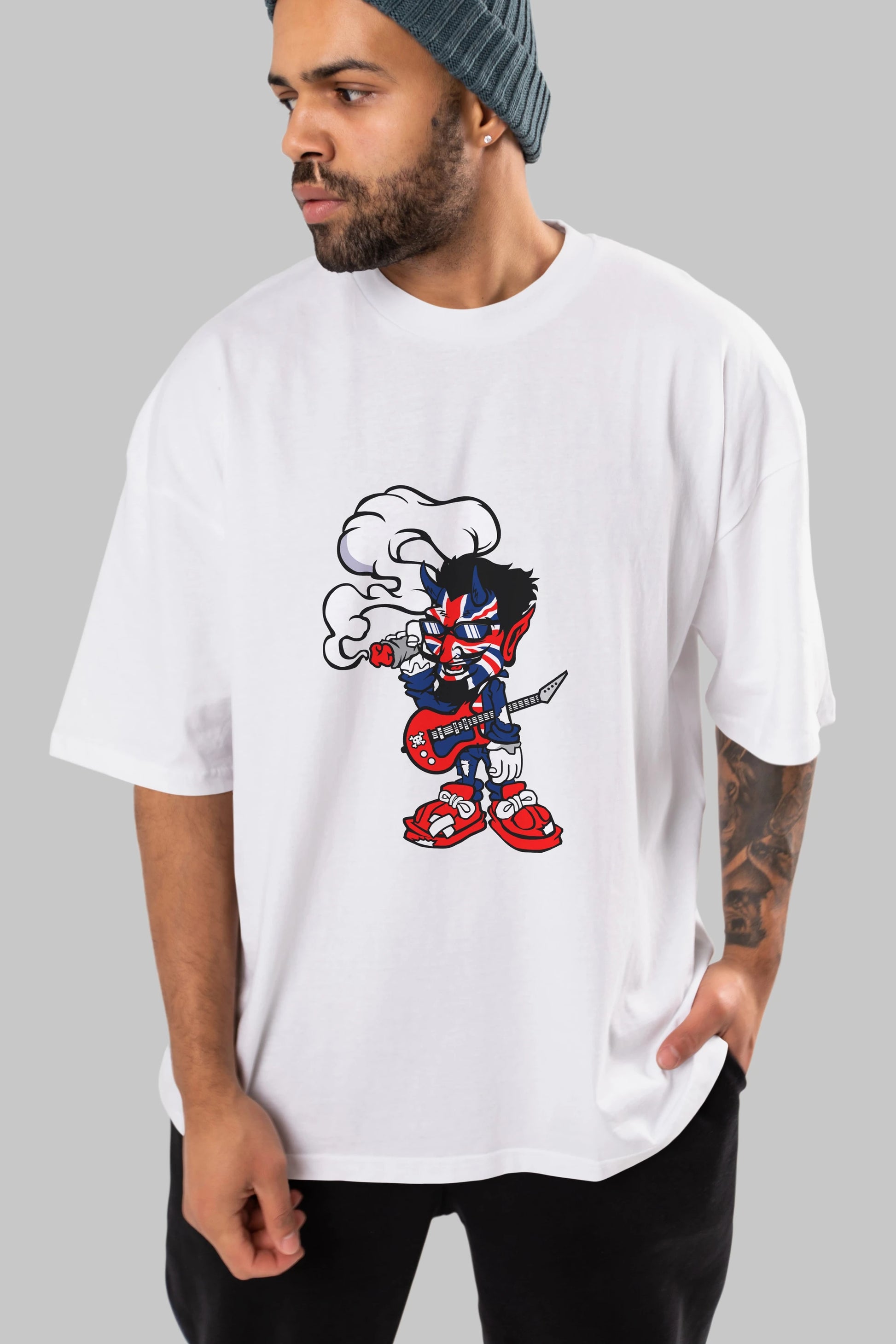 Uk Devil Rockstar Ön Baskılı Oversize t-shirt Erkek Kadın Unisex %100 Pamuk tişort