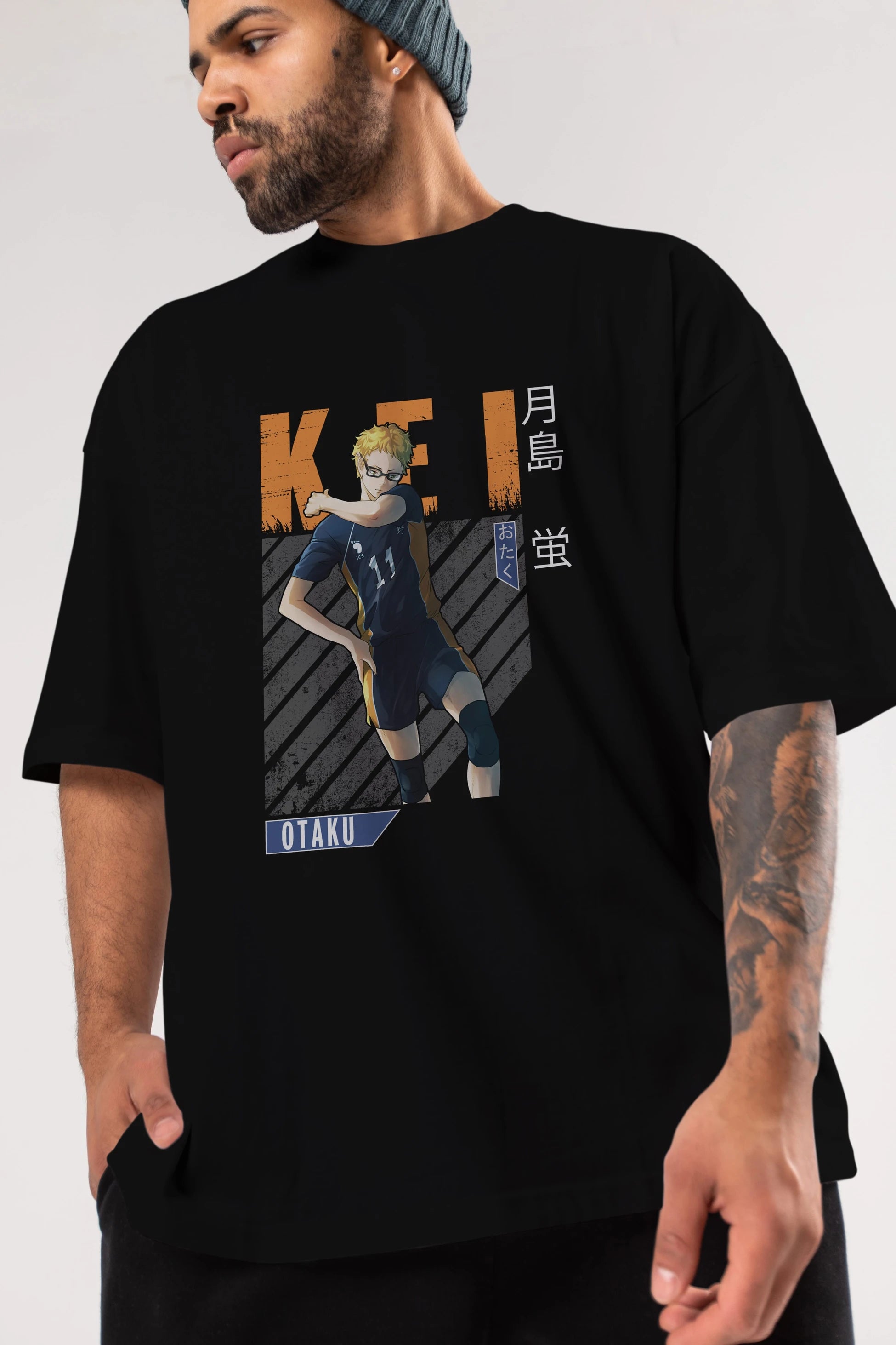 Kei Tsukishima 2 Anime Ön Baskılı Oversize t-shirt %100 pamuk Erkek Kadın Unisex