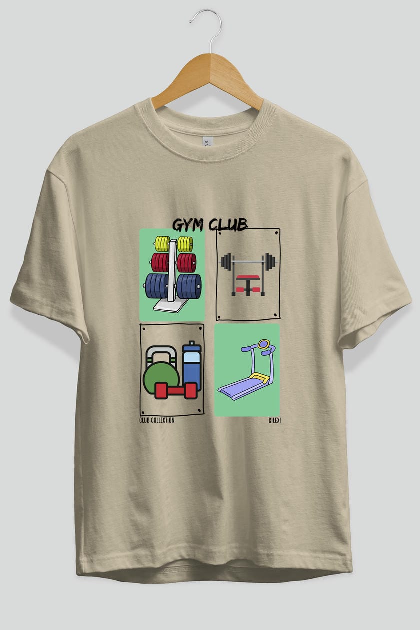 Gym Club ön Baskılı Oversize t-shirt Erkek Kadın %100 Pamuk Bisiklet Yaka tişort