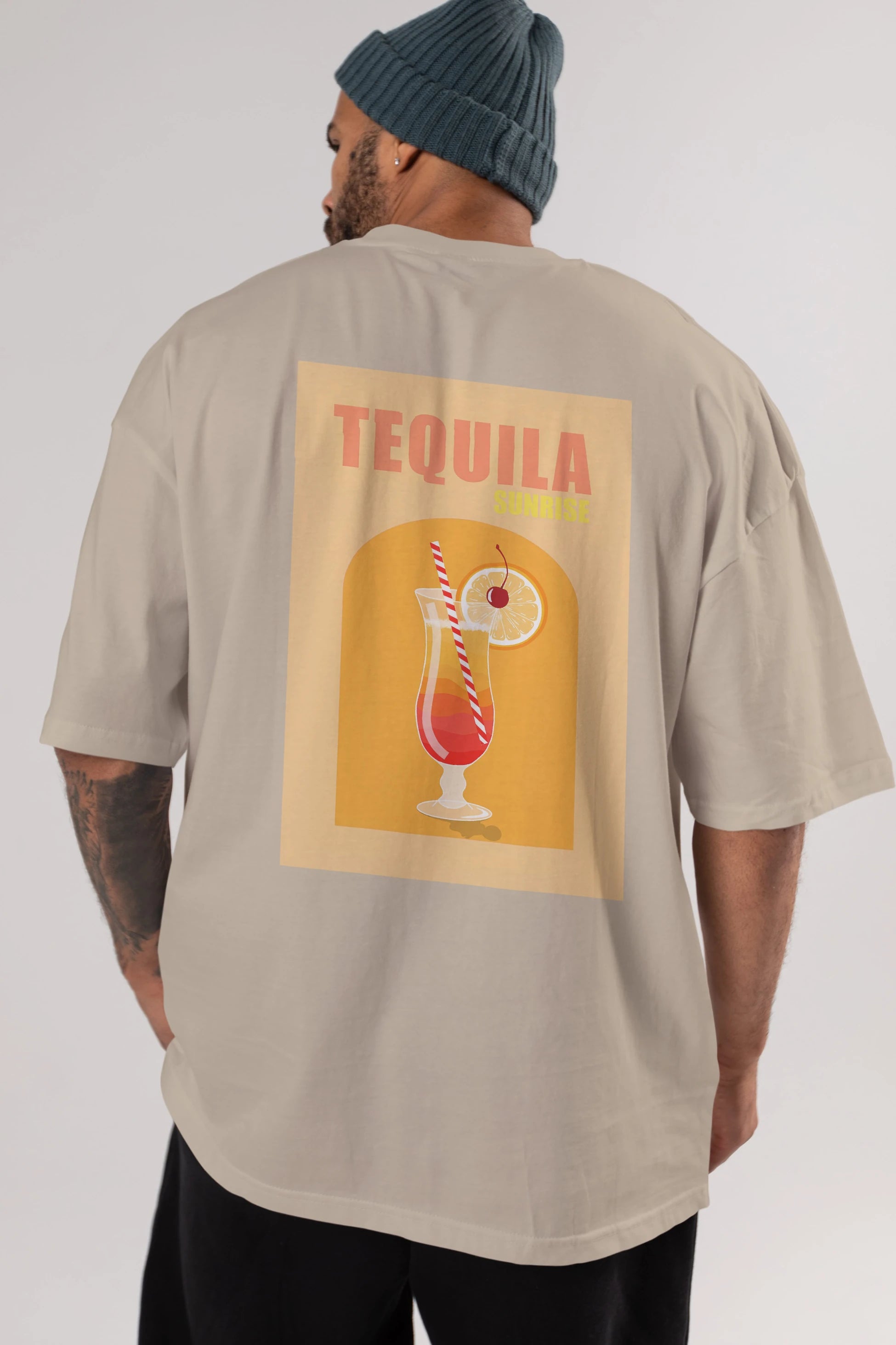 Tequila Sunrise Arka Baskılı Oversize t-shirt Erkek Kadın Unisex %100 Pamuk Bisiklet Yaka tişort