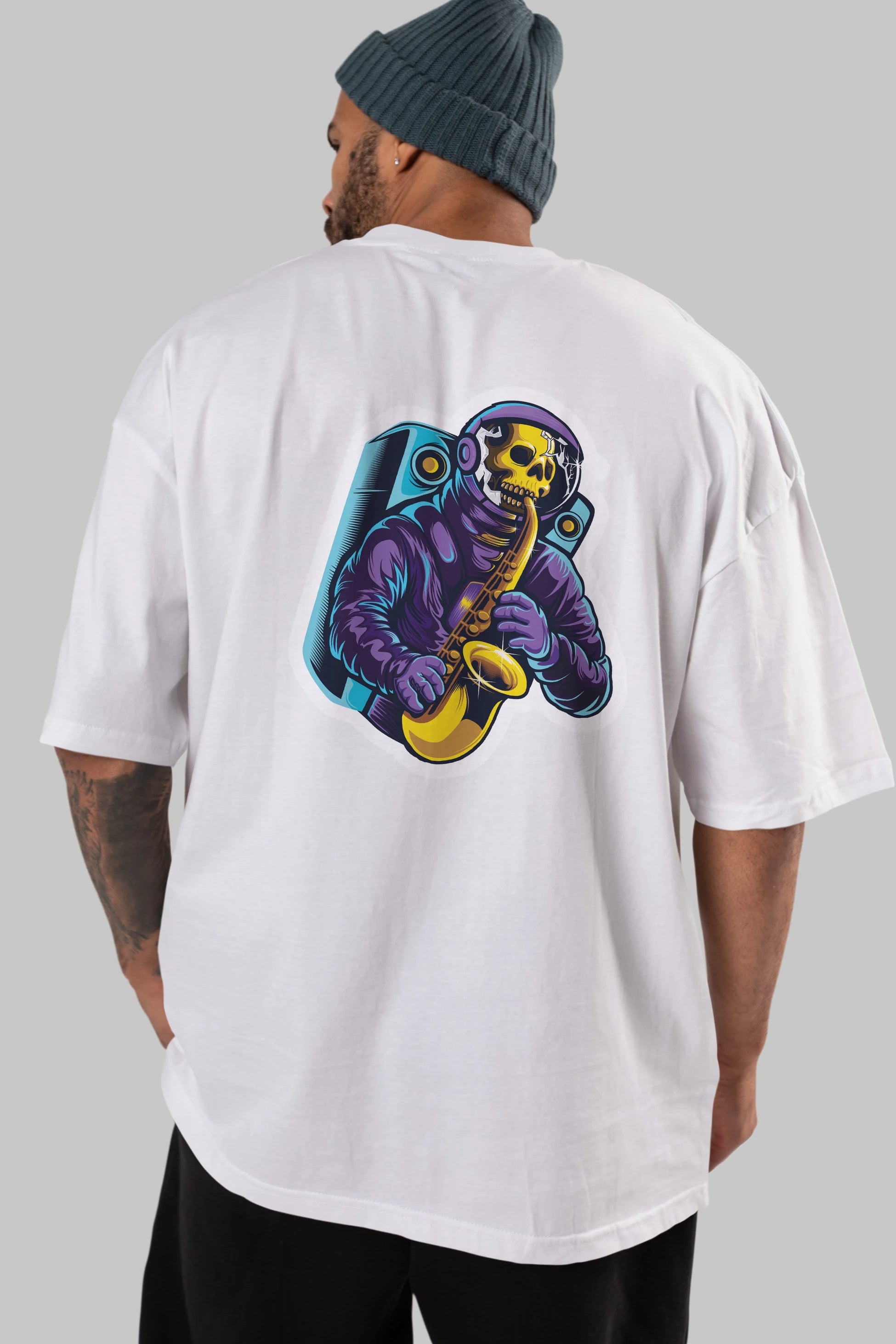 Astroskull Saxophonist Sticker Arka Baskılı Oversize t-shirt Erkek Kadın Unisex