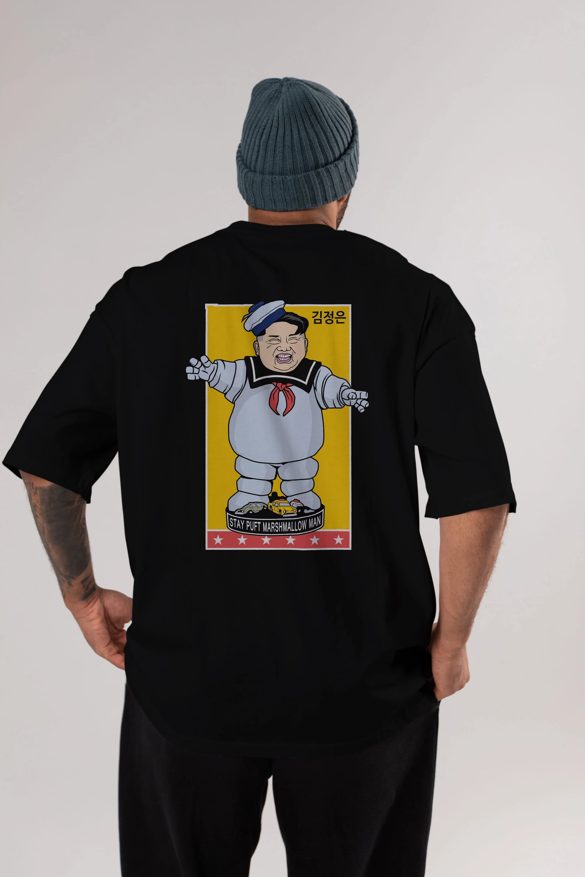 Stay Puft Jong Un Arka Baskılı Oversize t-shirt Erkek Kadın Unisex %100 Pamuk tişort