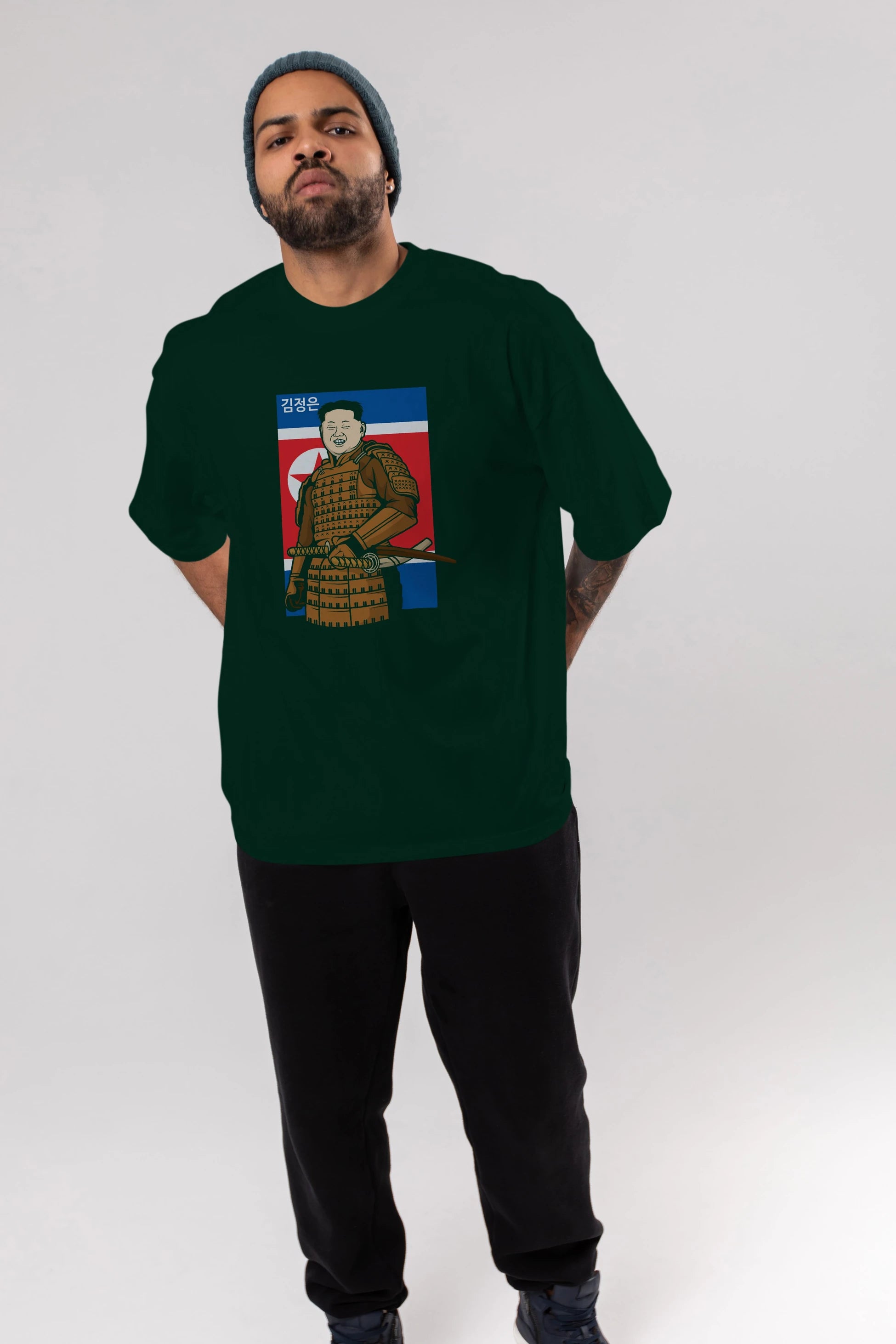 Samurai Jong Un Ön Baskılı Oversize t-shirt Erkek Kadın Unisex %100 Pamuk tişort