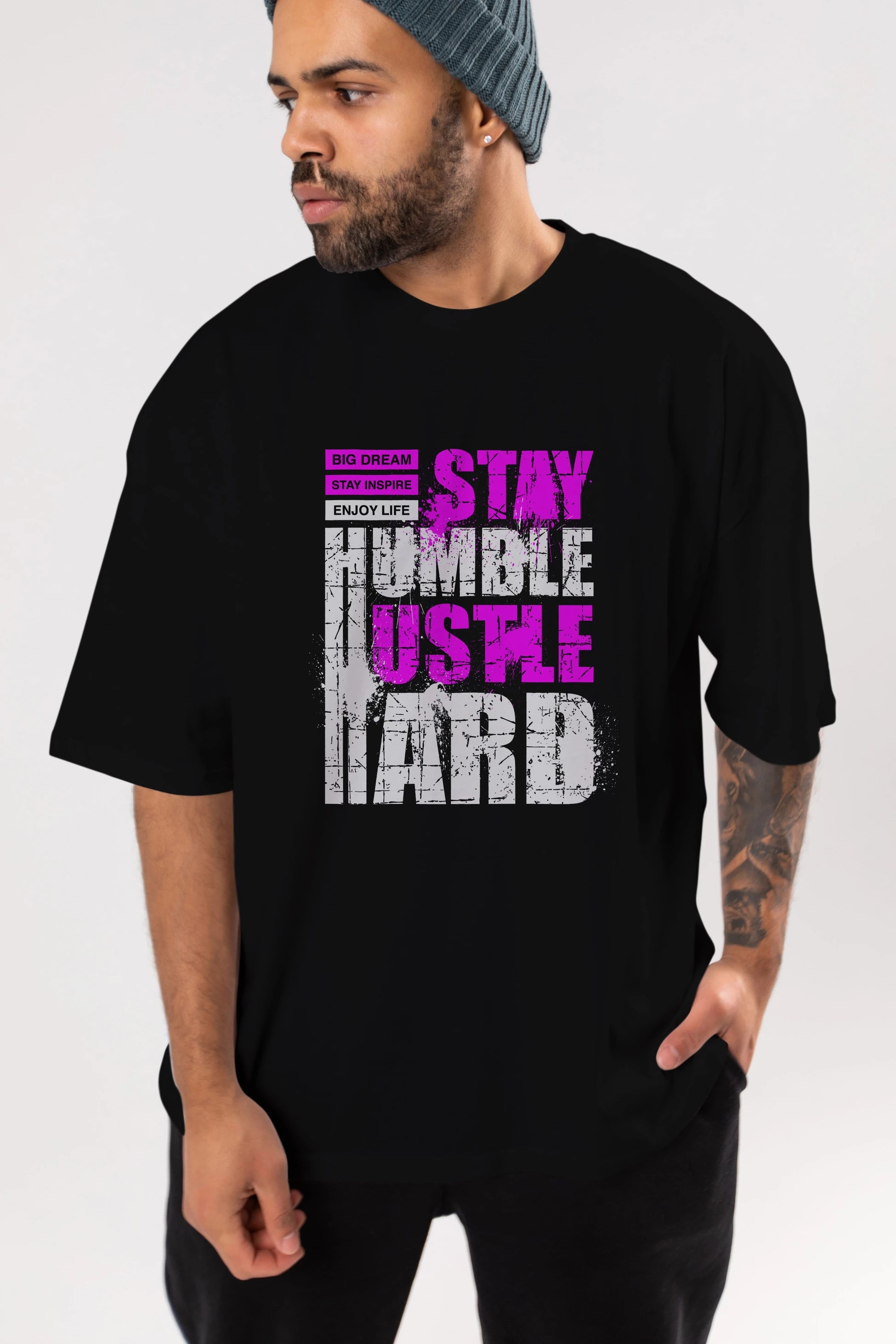 Stay Hustle Ön Baskılı Oversize t-shirt Erkek Kadın Unisex