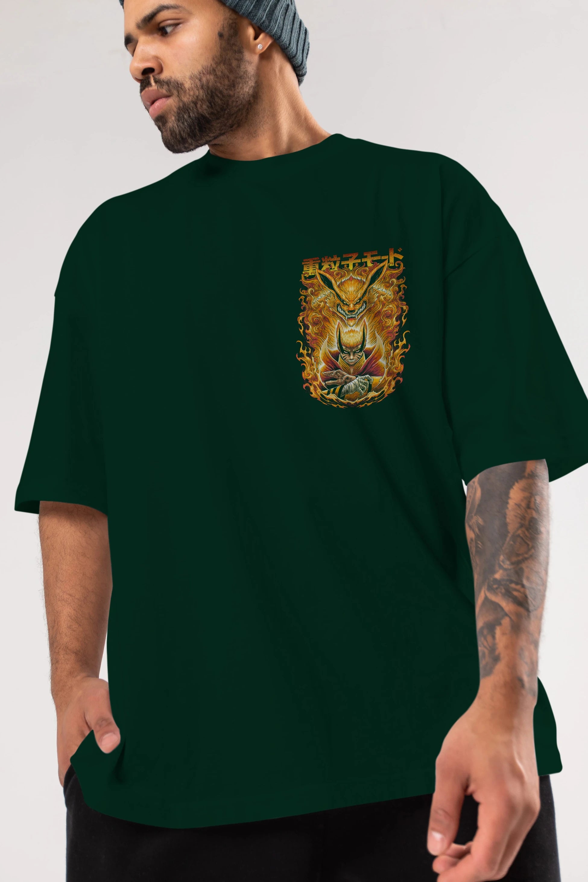 NARUTO KYUUBI 1 Ön Sol Baskılı Oversize t-shirt Erkek Kadın Unisex %100 Pamuk Bisiklet Yaka tişort