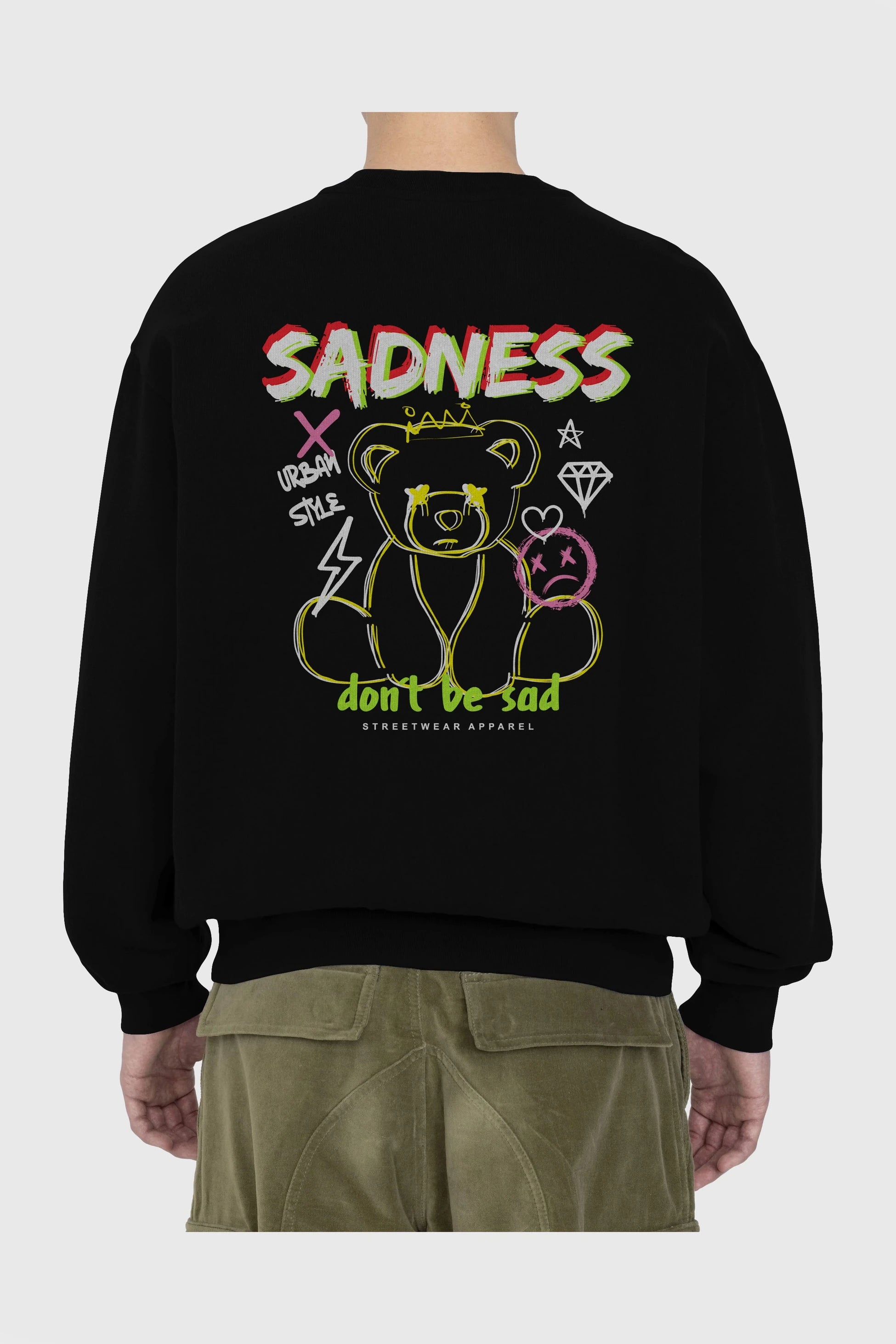 Teddy Bear Sadness Arka Baskılı Oversize Sweatshirt Erkek Kadın Unisex