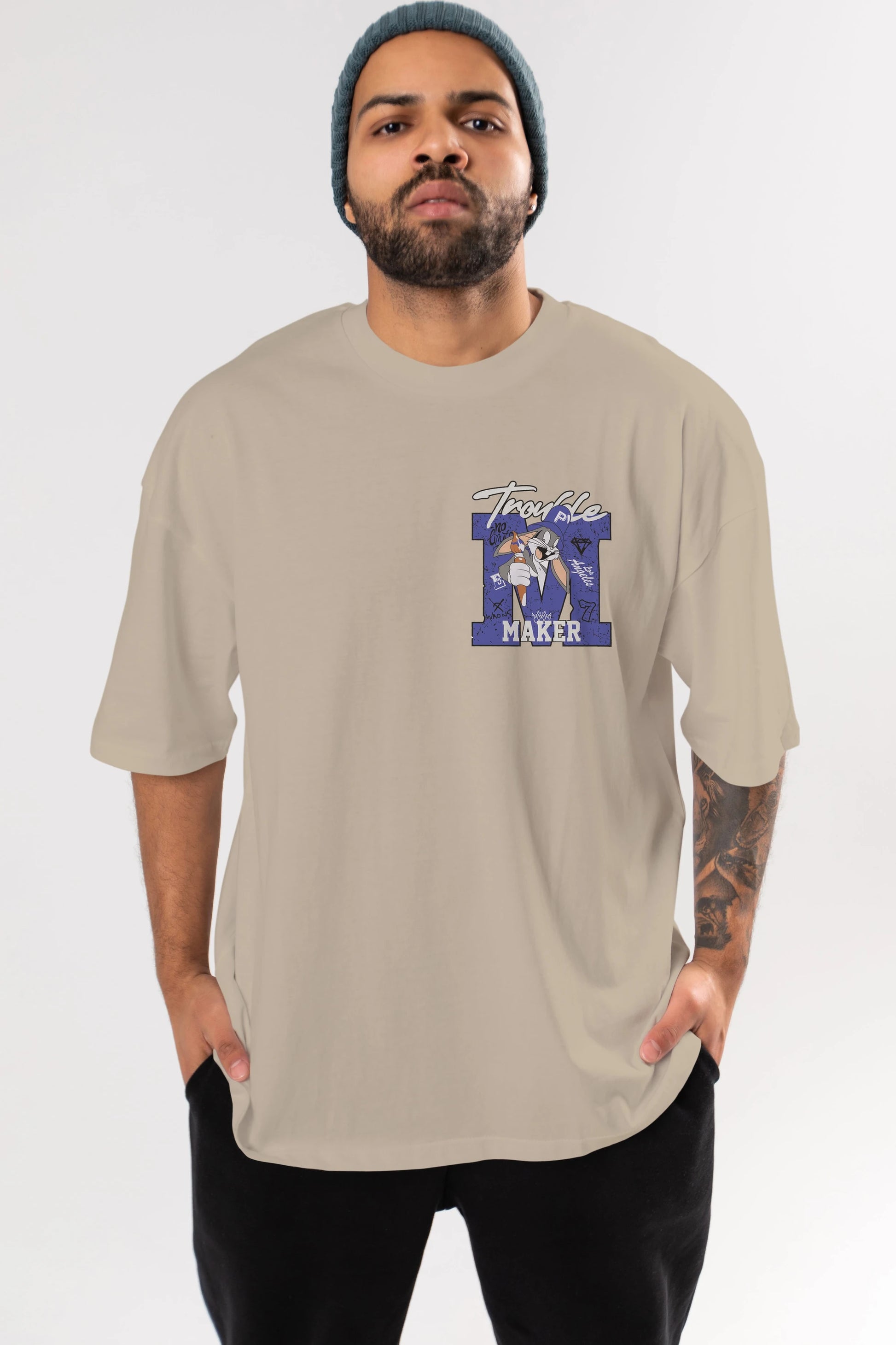 Bugs Bunny Ön Sol Baskılı Oversize t-shirt Erkek Kadın Unisex %100 Pamuk Bisiklet Yaka tişort