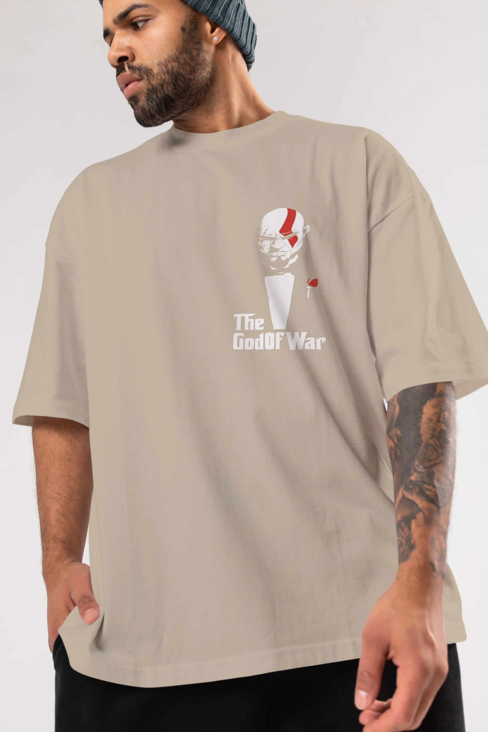 The God of War Ön Sol Baskılı Oversize t-shirt Erkek Kadın Unisex %100 Pamuk Bisiklet Yaka tişort