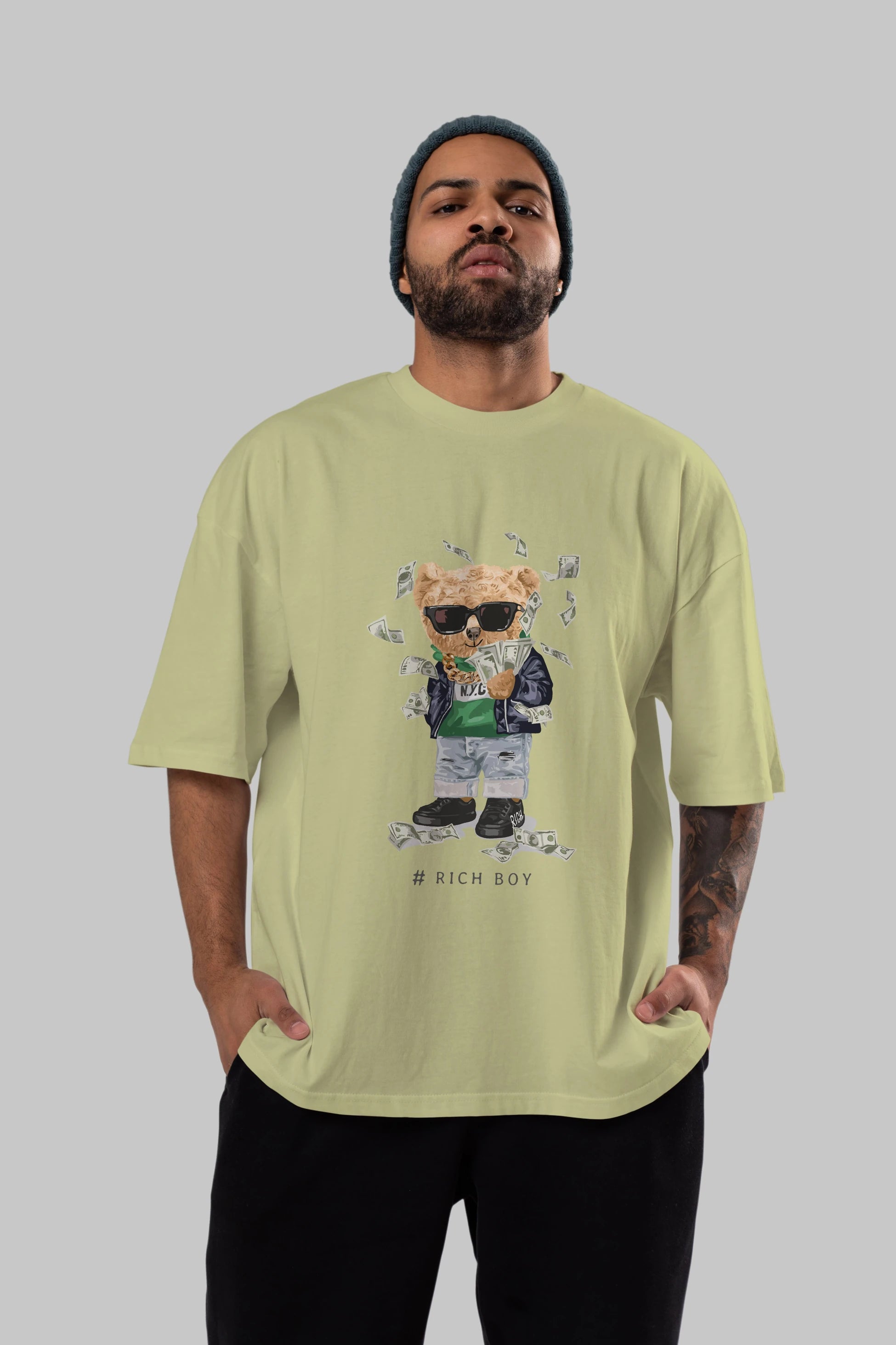Teddy Bear Rich Boy Ön Baskılı Oversize t-shirt Erkek Kadın Unisex %100 Pamuk
