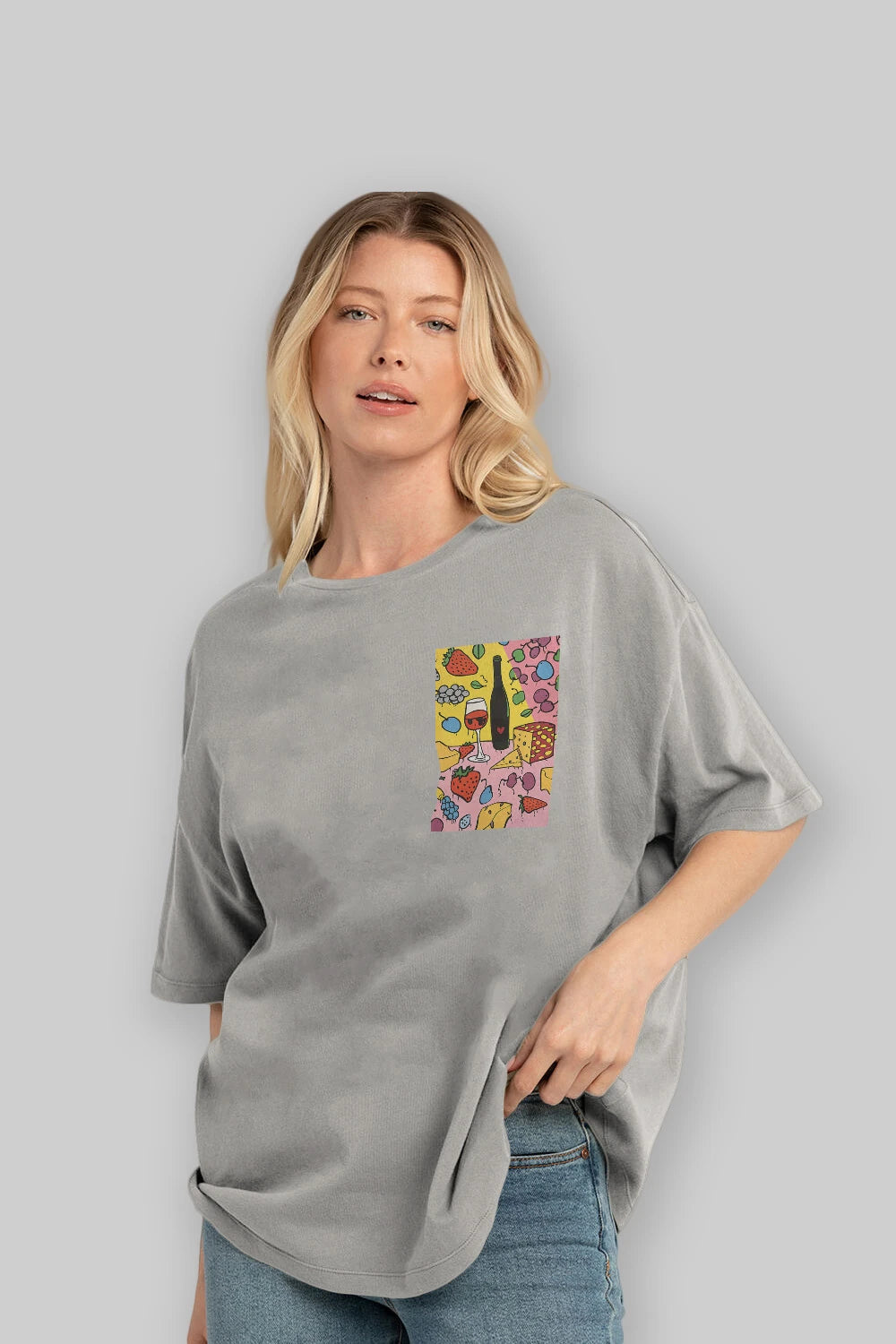 Wine Cheese Fruits Ön Sol Baskılı Oversize t-shirt Erkek Kadın Unisex %100 Pamuk Bisiklet Yaka tişort