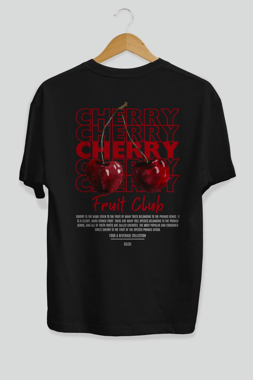 Cherry Arka Baskılı Oversize t-shirt Erkek Kadın Pamuk Bisiklet Yaka tişort
