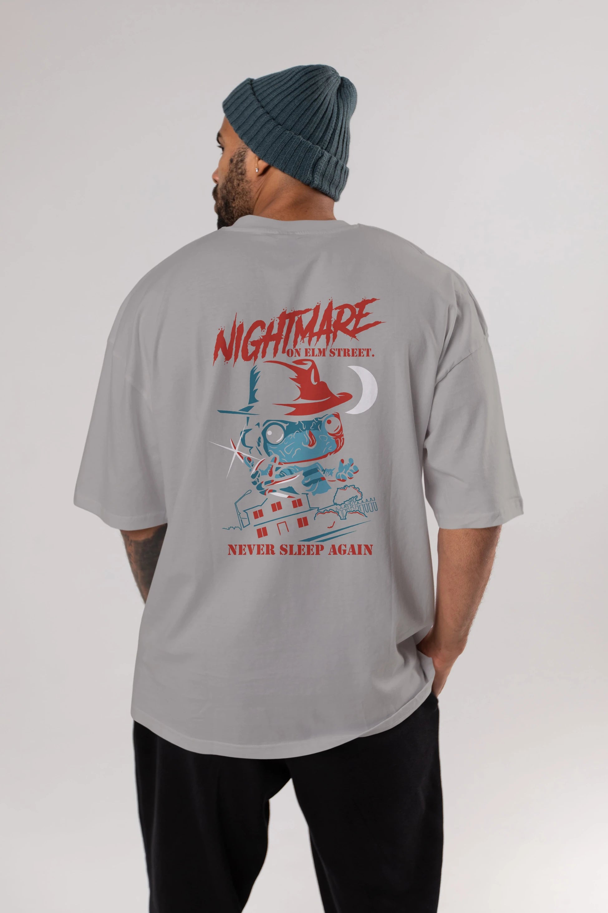 Nightmare Elm Sokağı Arka Baskılı Oversize t-shirt Erkek Kadın Unisex %100 Pamuk Bisiklet Yaka tişort