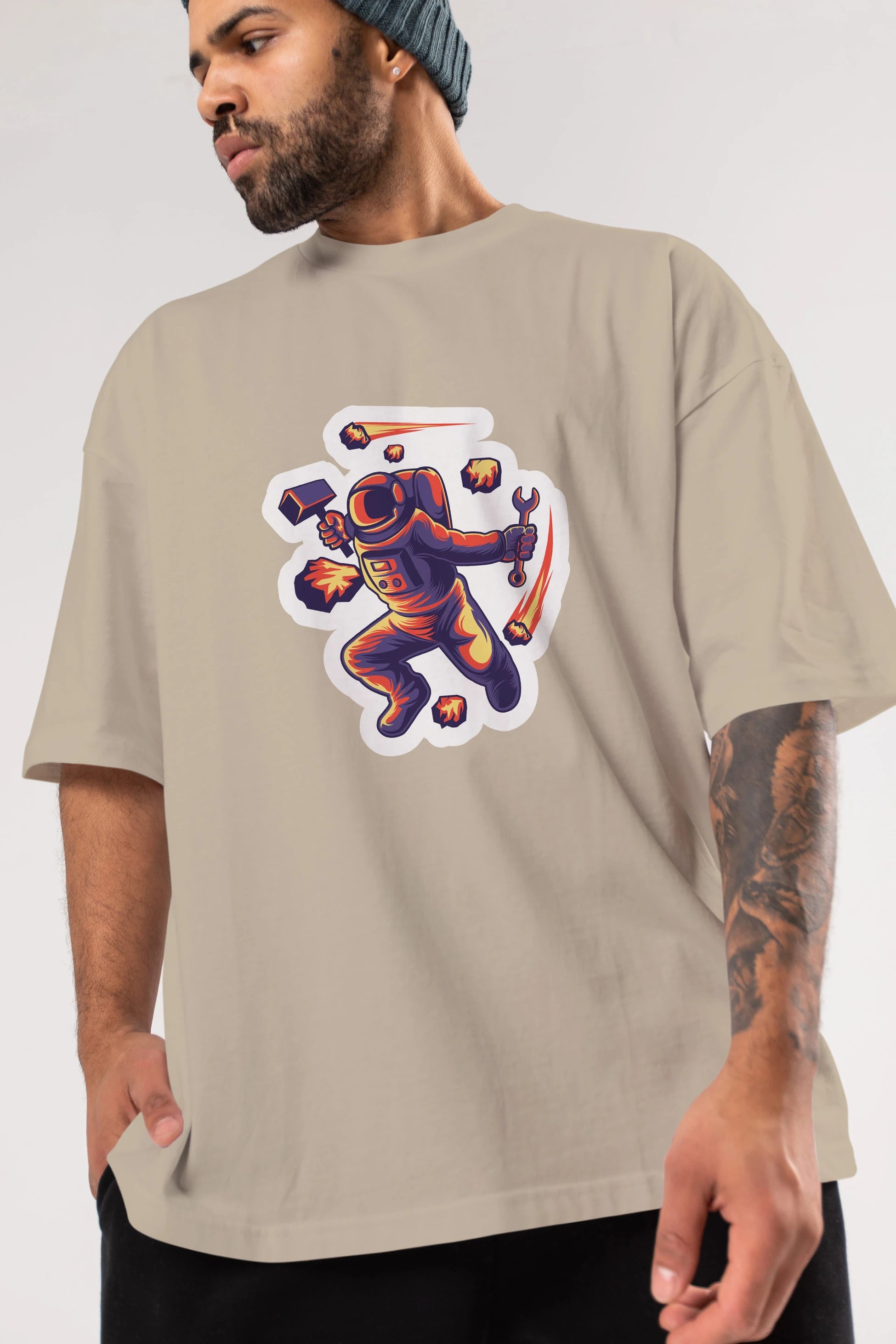 Astronaut Block Meteor Sticker Ön Baskılı Oversize t-shirt Erkek Kadın Unisex
