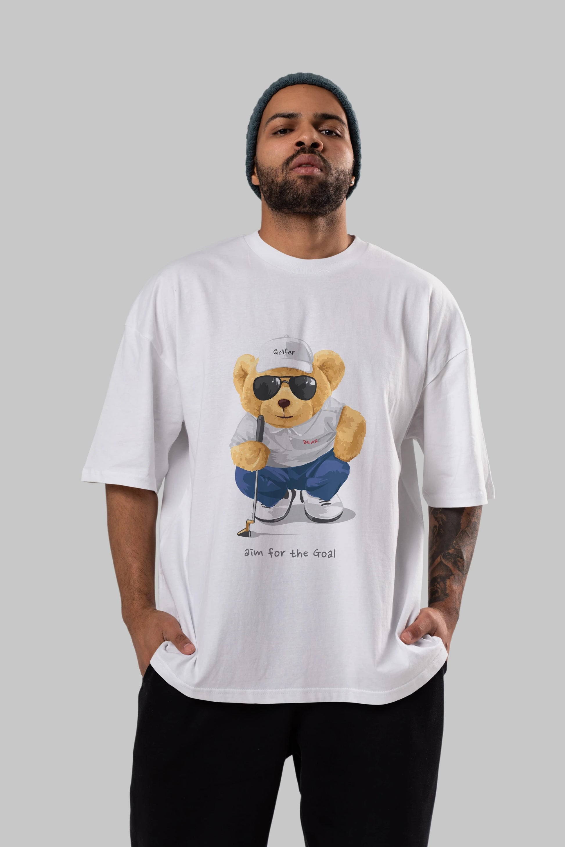 Teddy Bear Golfer Ön Baskılı Oversize t-shirt Erkek Kadın Unisex %100 Pamuk