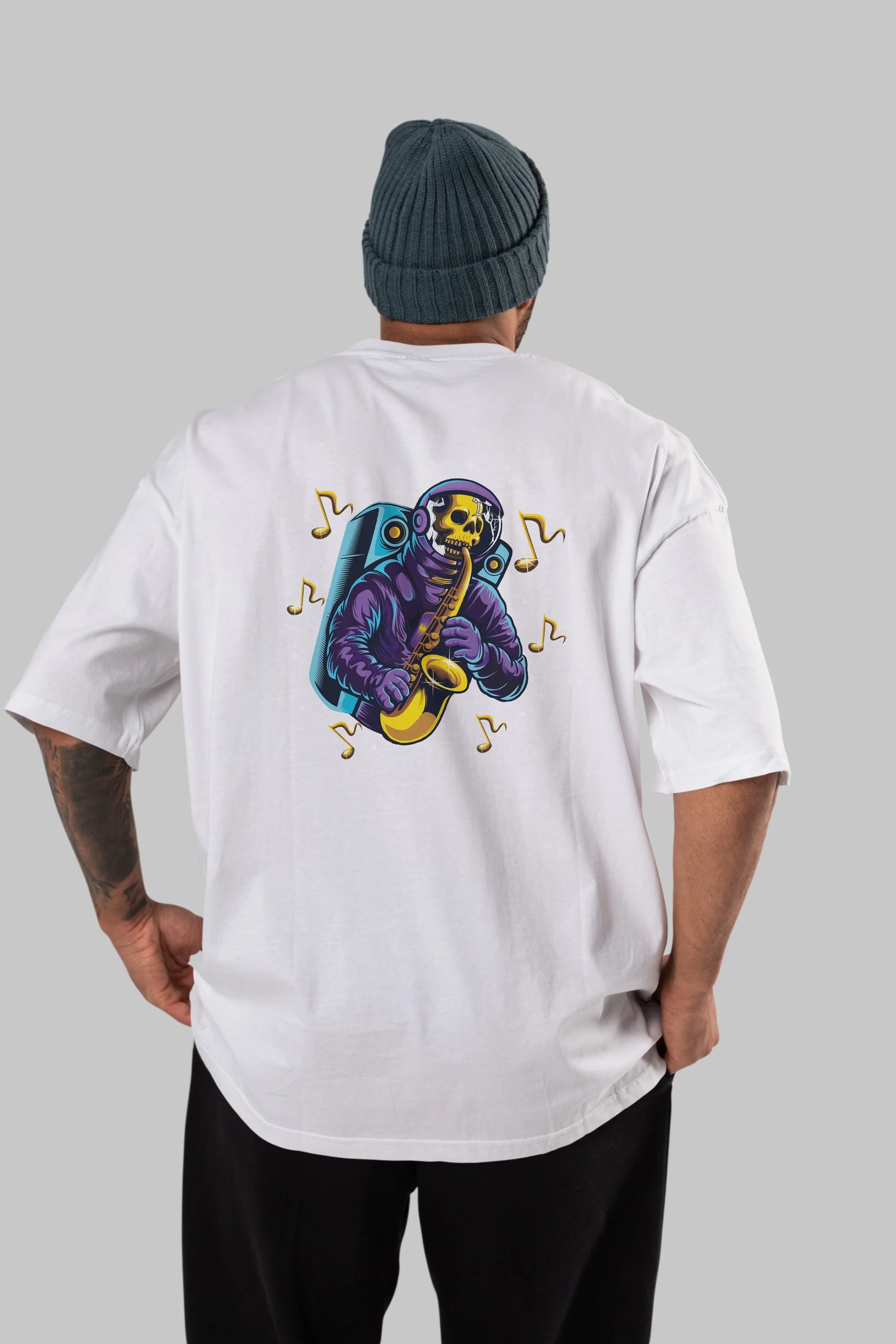 Astroskull Saxophonist Arka Baskılı Oversize t-shirt Erkek Kadın Unisex