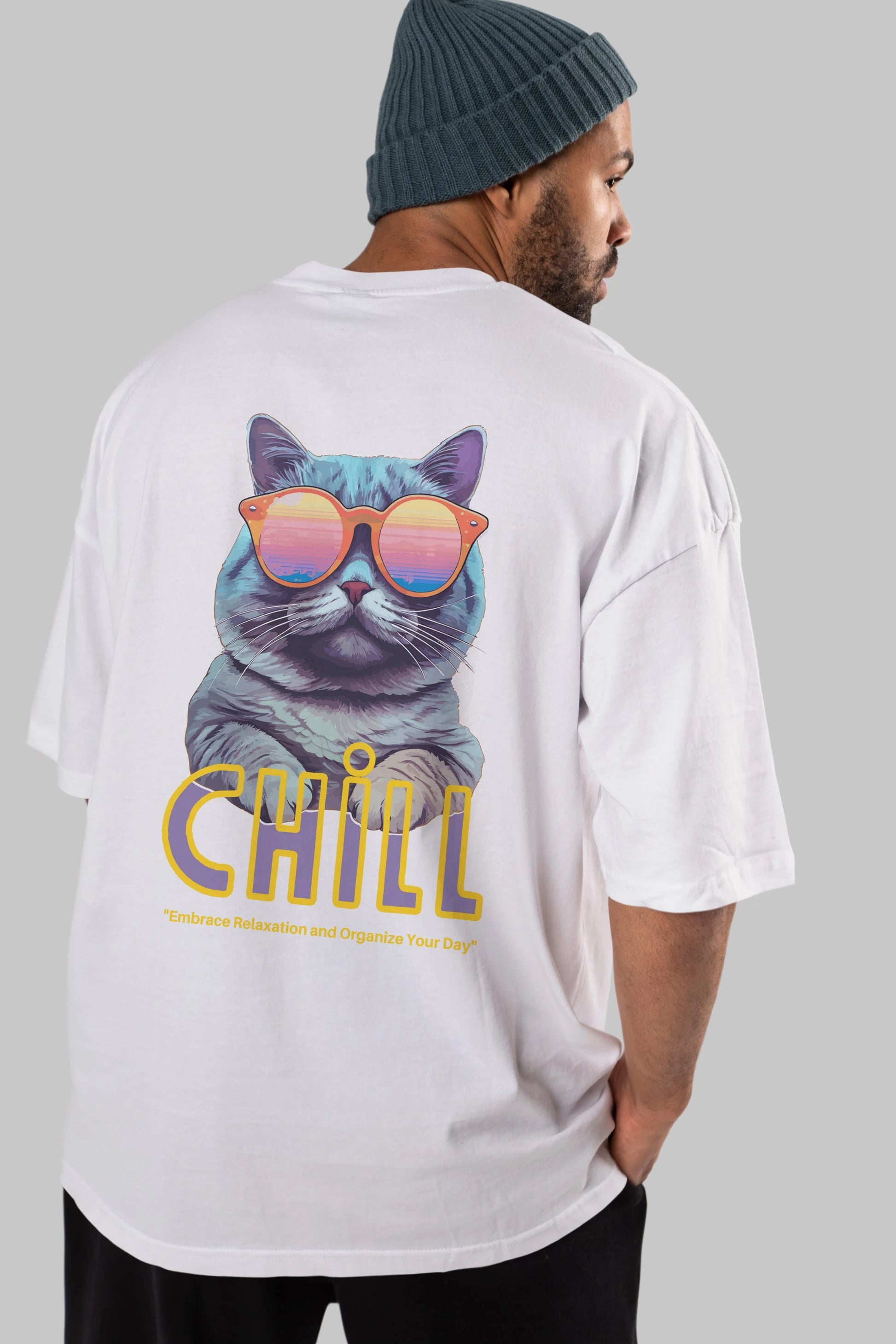 Chill Cat Arka Baskılı Oversize t-shirt Erkek Kadın Unisex