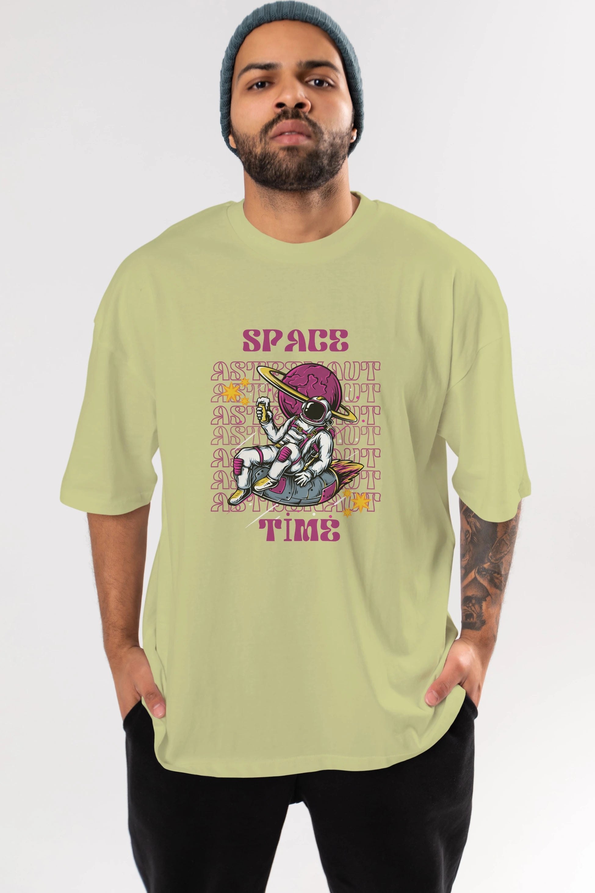 Space Time Astronaut Yazılı Ön Baskılı Oversize t-shirt Erkek Kadın Unisex