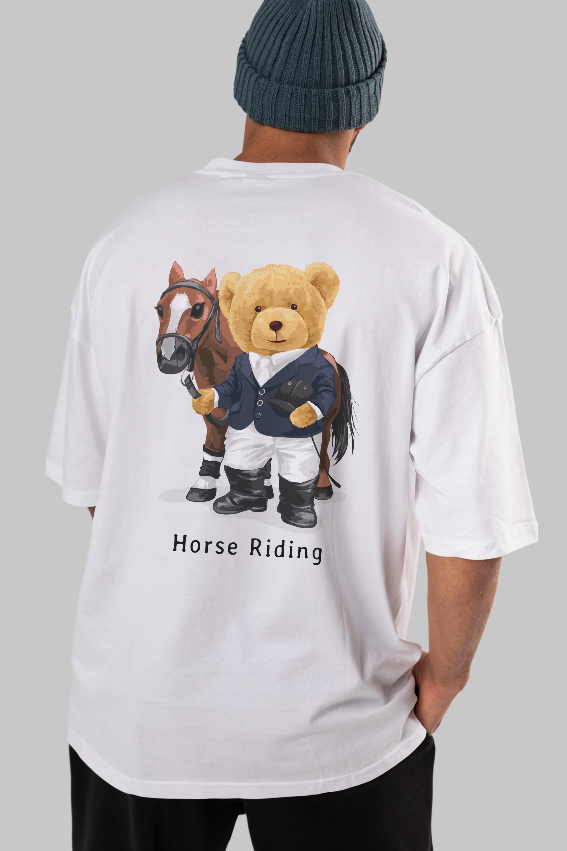 Teddy Bear Horse Riding Arka Baskılı Oversize t-shirt Erkek Kadın Unisex %100 Pamuk