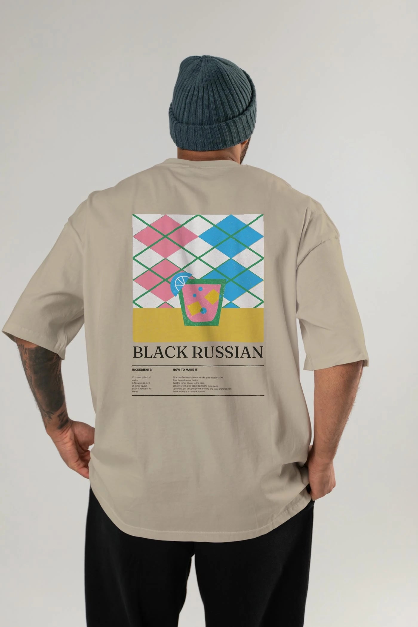 Black Russian Kokteyl Serisi Arka Baskılı Oversize t-shirt Erkek Kadın %100 Pamuk Bisiklet Yaka tişort
