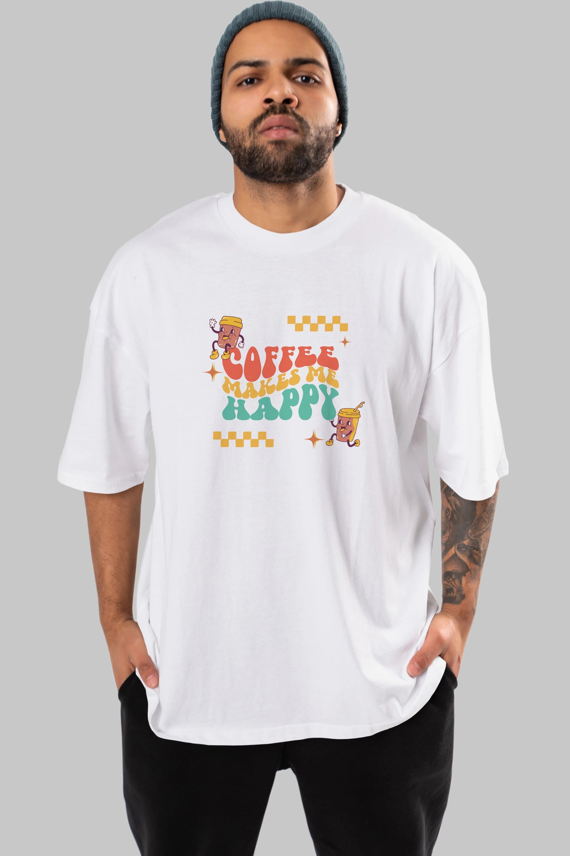 Coffee Makes Me Happy Yazılı Ön Baskılı Oversize t-shirt Erkek Kadın Unisex