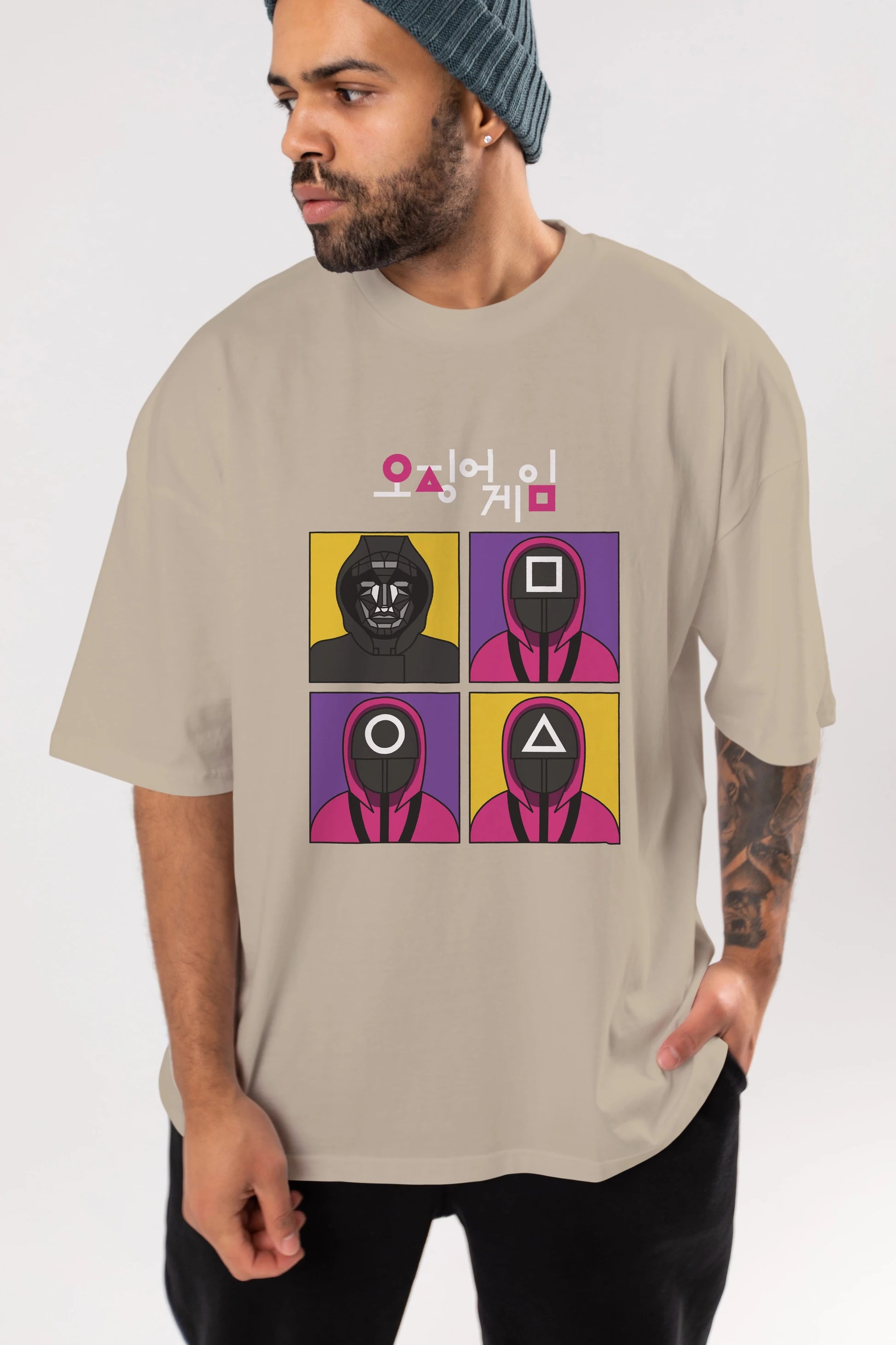 Squid Game (1) Ön Baskılı Oversize t-shirt Erkek Kadın Unisex %100 Pamuk Bisiklet Yaka tişort
