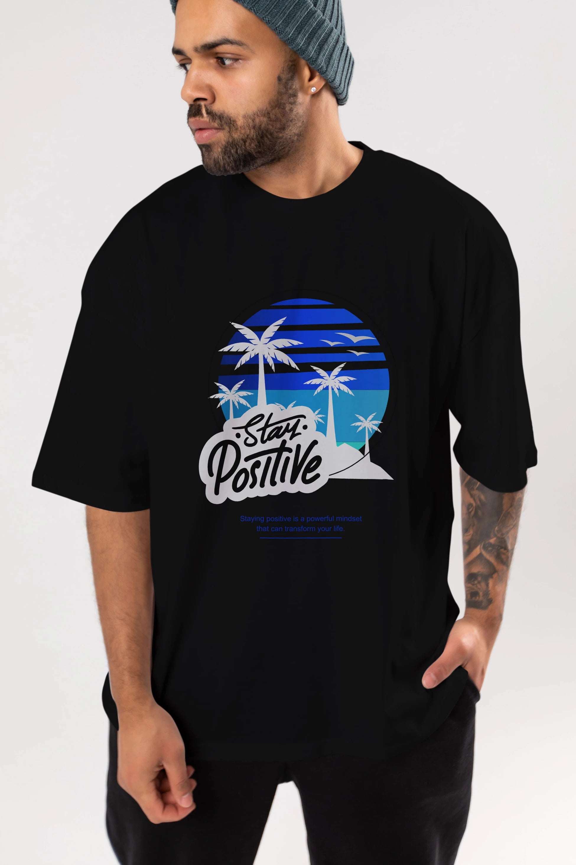 Stay Positive Yazılı Ön Baskılı Oversize t-shirt Erkek Kadın Unisex