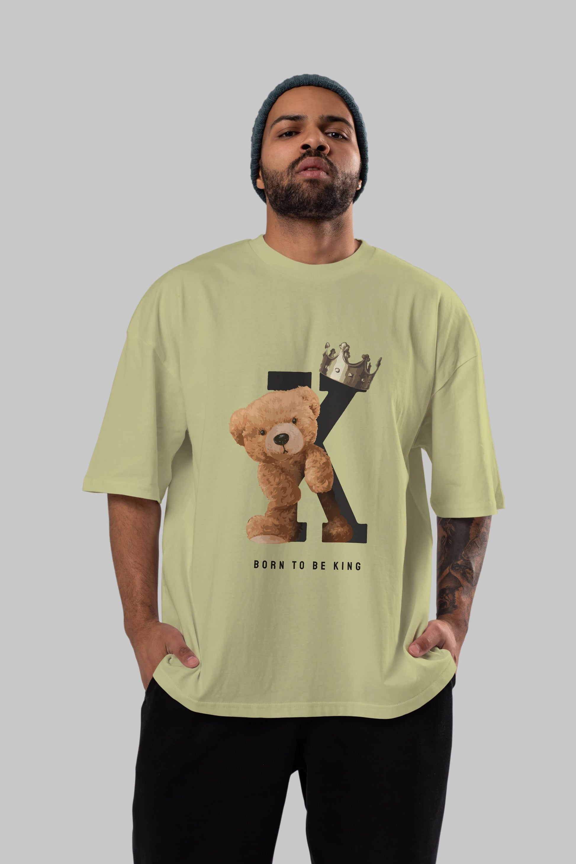 Teddy Bear Born To Be King Ön Baskılı Oversize t-shirt Erkek Kadın Unisex %100 Pamuk