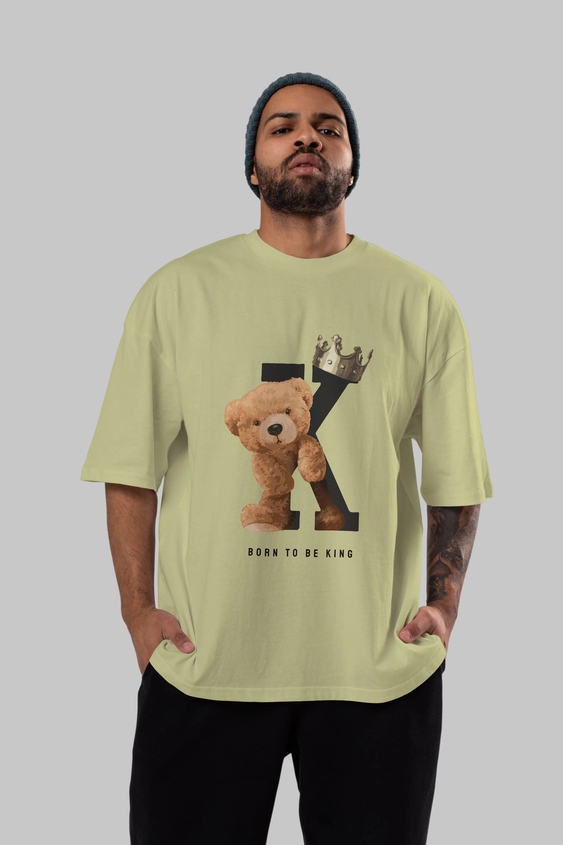 Teddy Bear Born To Be King Ön Baskılı Oversize t-shirt Erkek Kadın Unisex %100 Pamuk