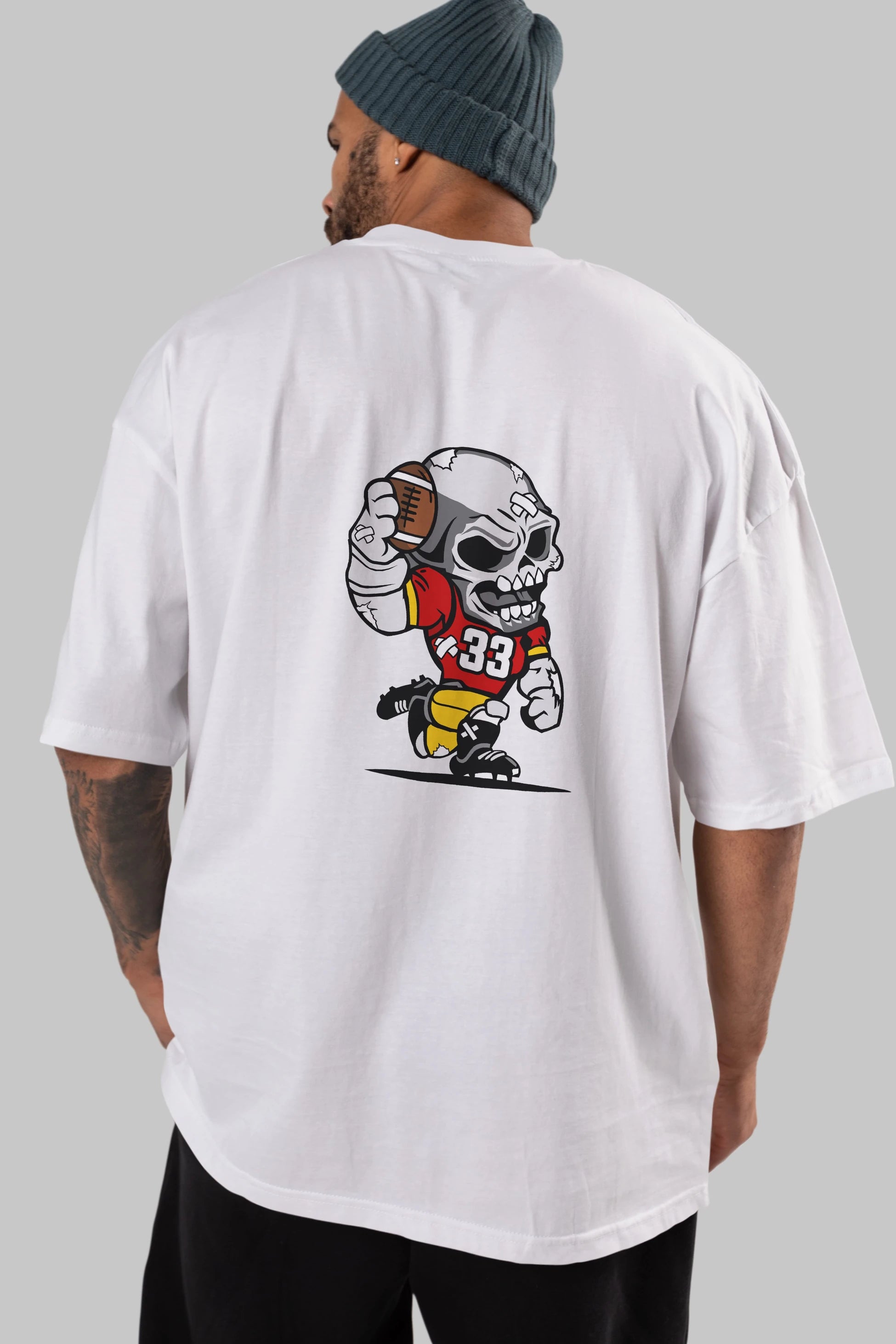 Skull Football Player Arka Baskılı Oversize t-shirt Erkek Kadın Unisex %100 Pamuk tişort